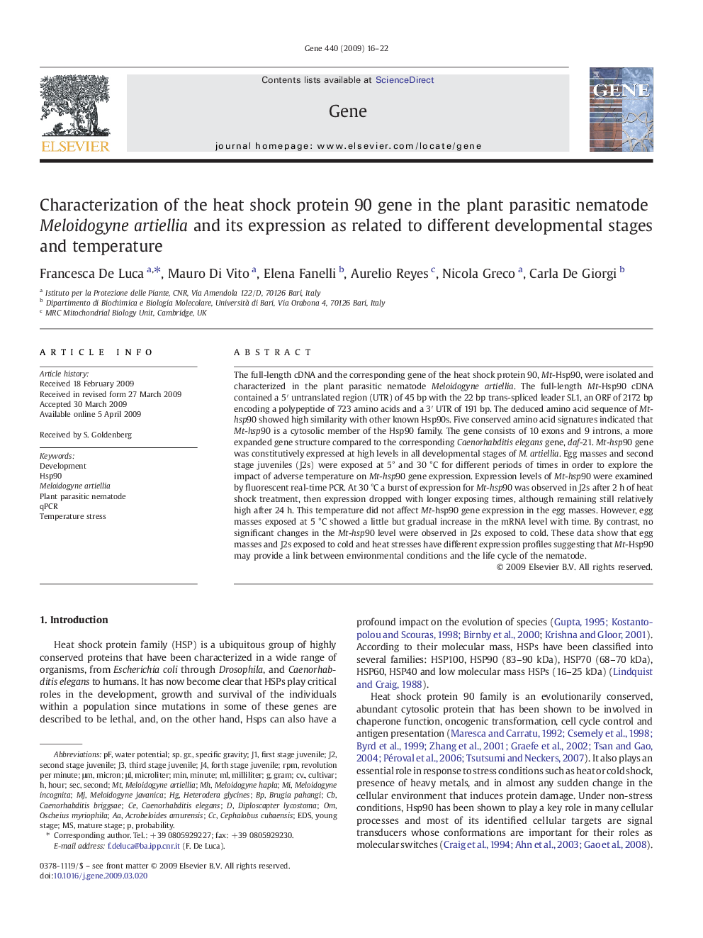 Characterization of the heat shock protein 90 gene in the plant parasitic nematode Meloidogyne artiellia and its expression as related to different developmental stages and temperature