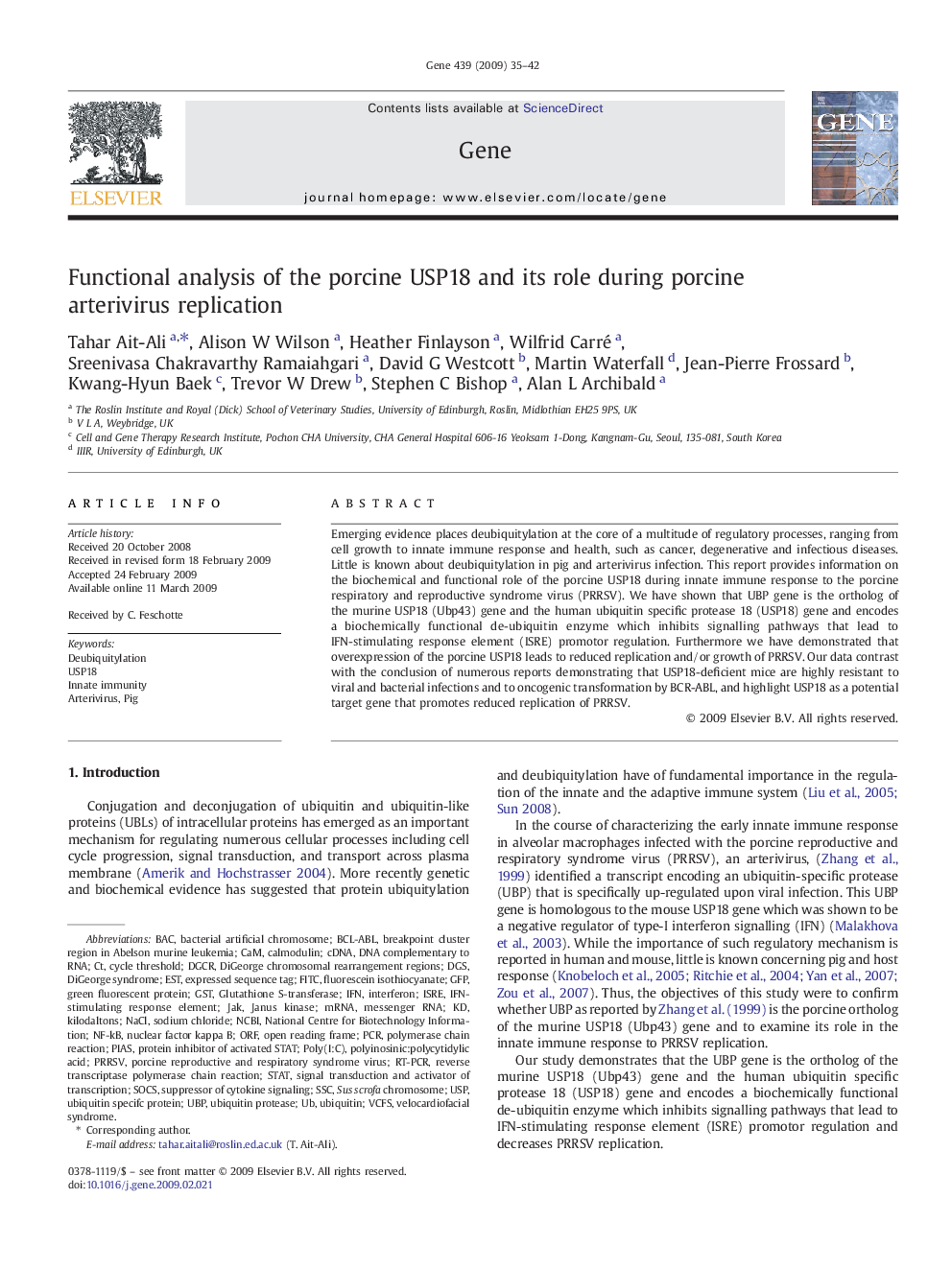 Functional analysis of the porcine USP18 and its role during porcine arterivirus replication