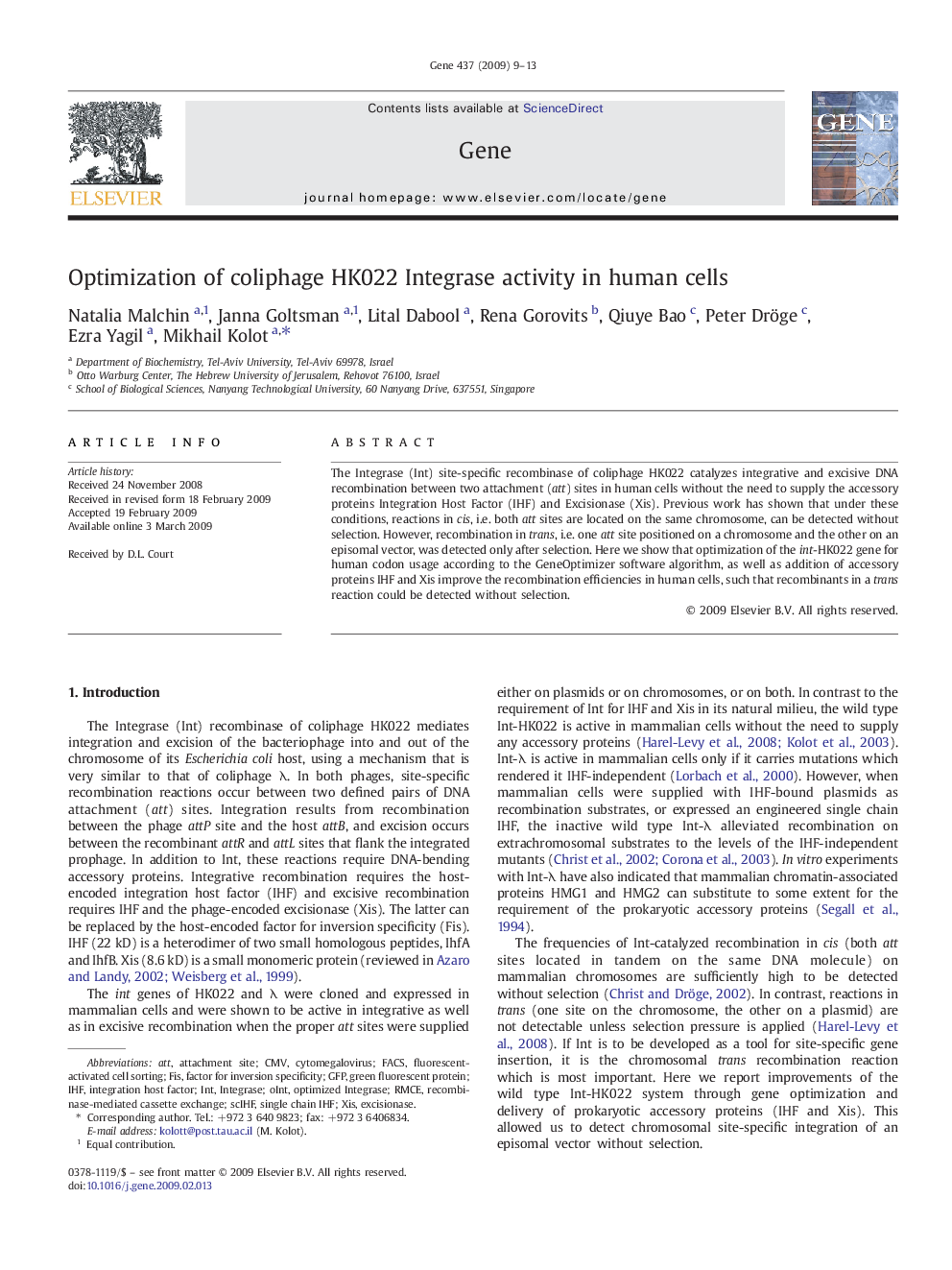 Optimization of coliphage HK022 Integrase activity in human cells