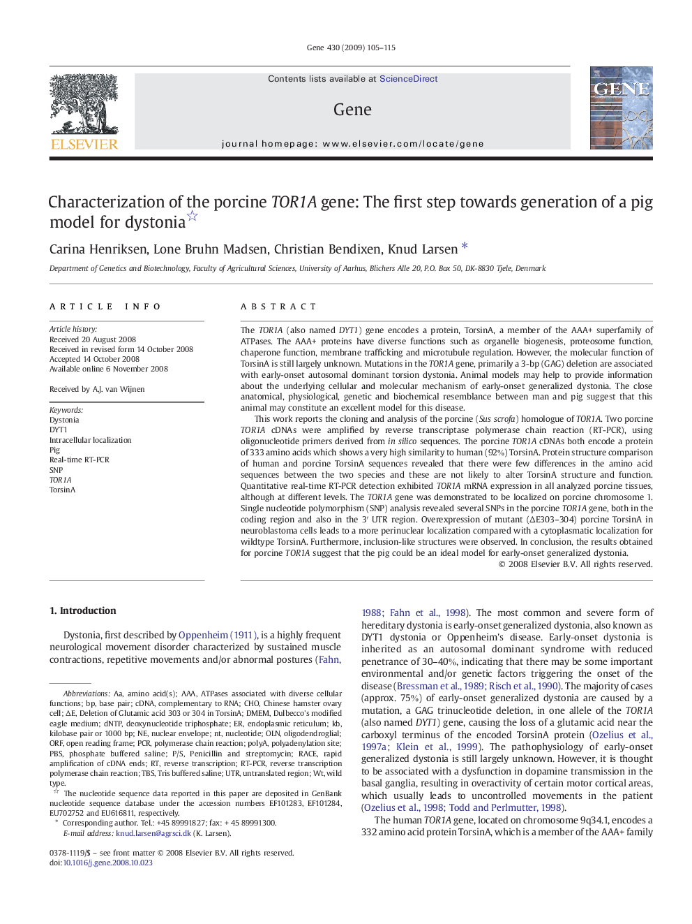 Characterization of the porcine TOR1A gene: The first step towards generation of a pig model for dystonia 