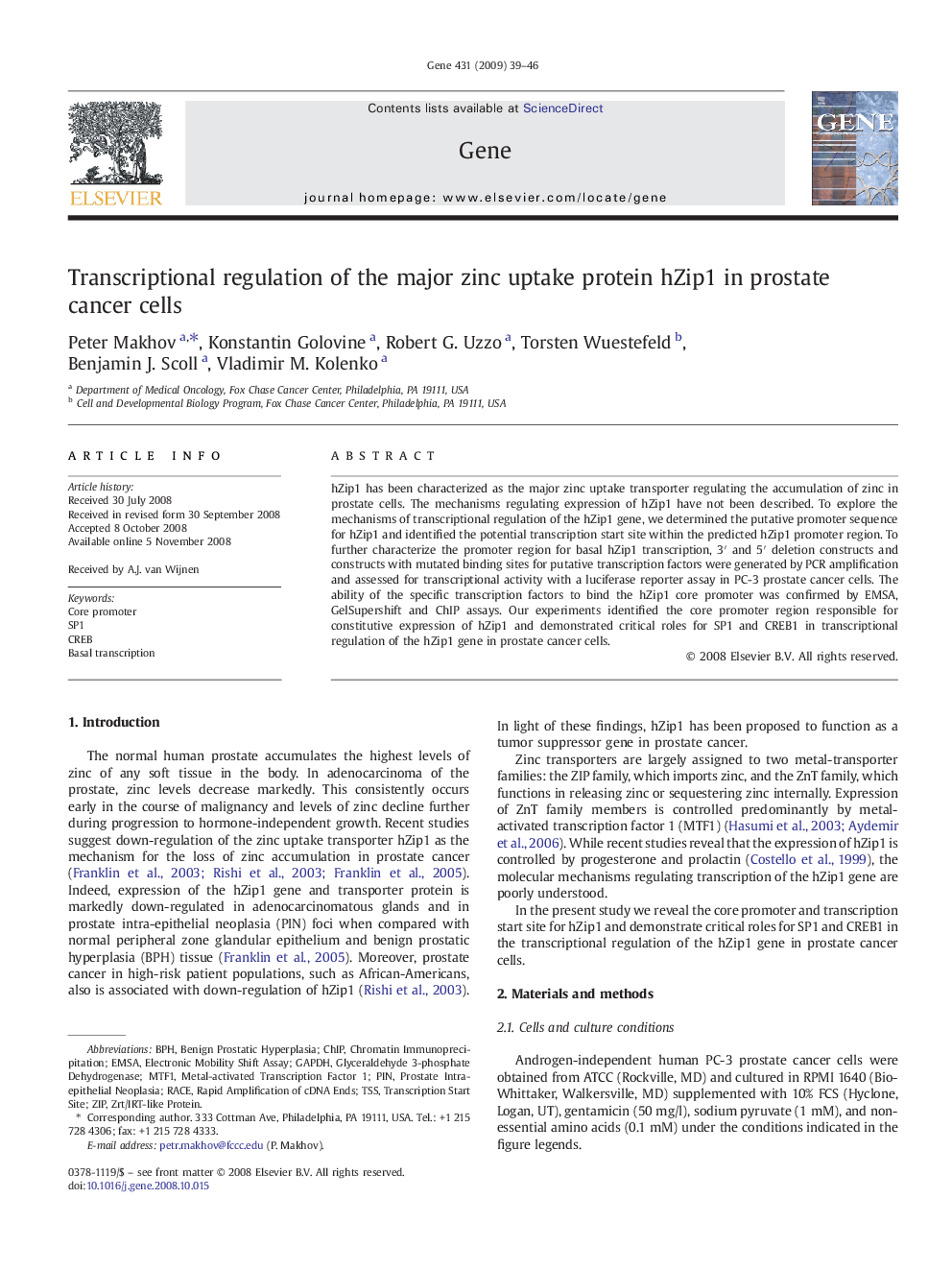 Transcriptional regulation of the major zinc uptake protein hZip1 in prostate cancer cells