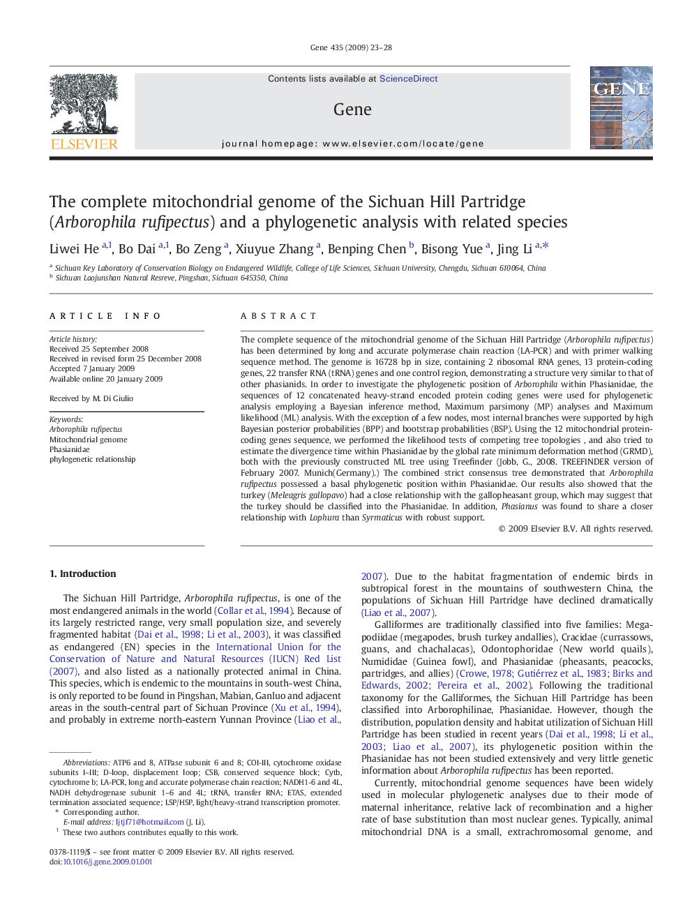 The complete mitochondrial genome of the Sichuan Hill Partridge (Arborophila rufipectus) and a phylogenetic analysis with related species