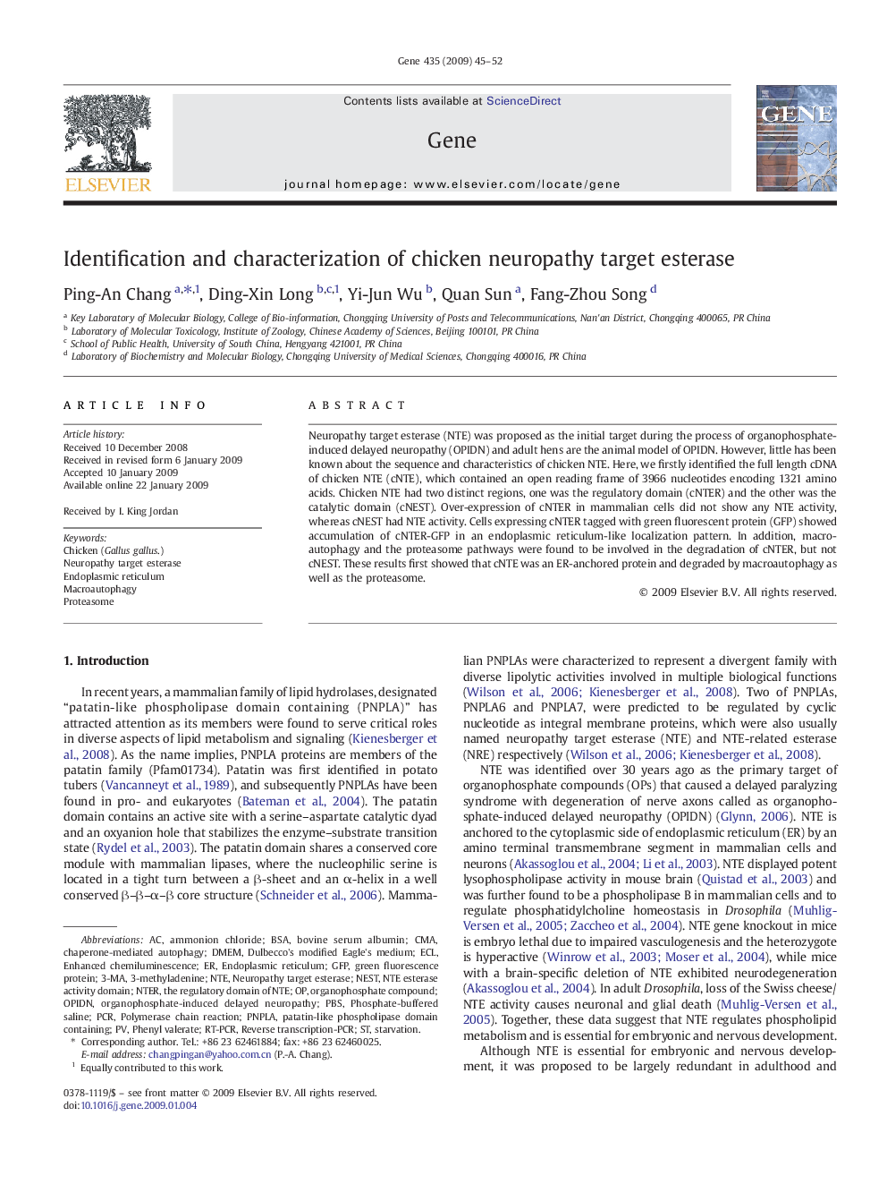 Identification and characterization of chicken neuropathy target esterase