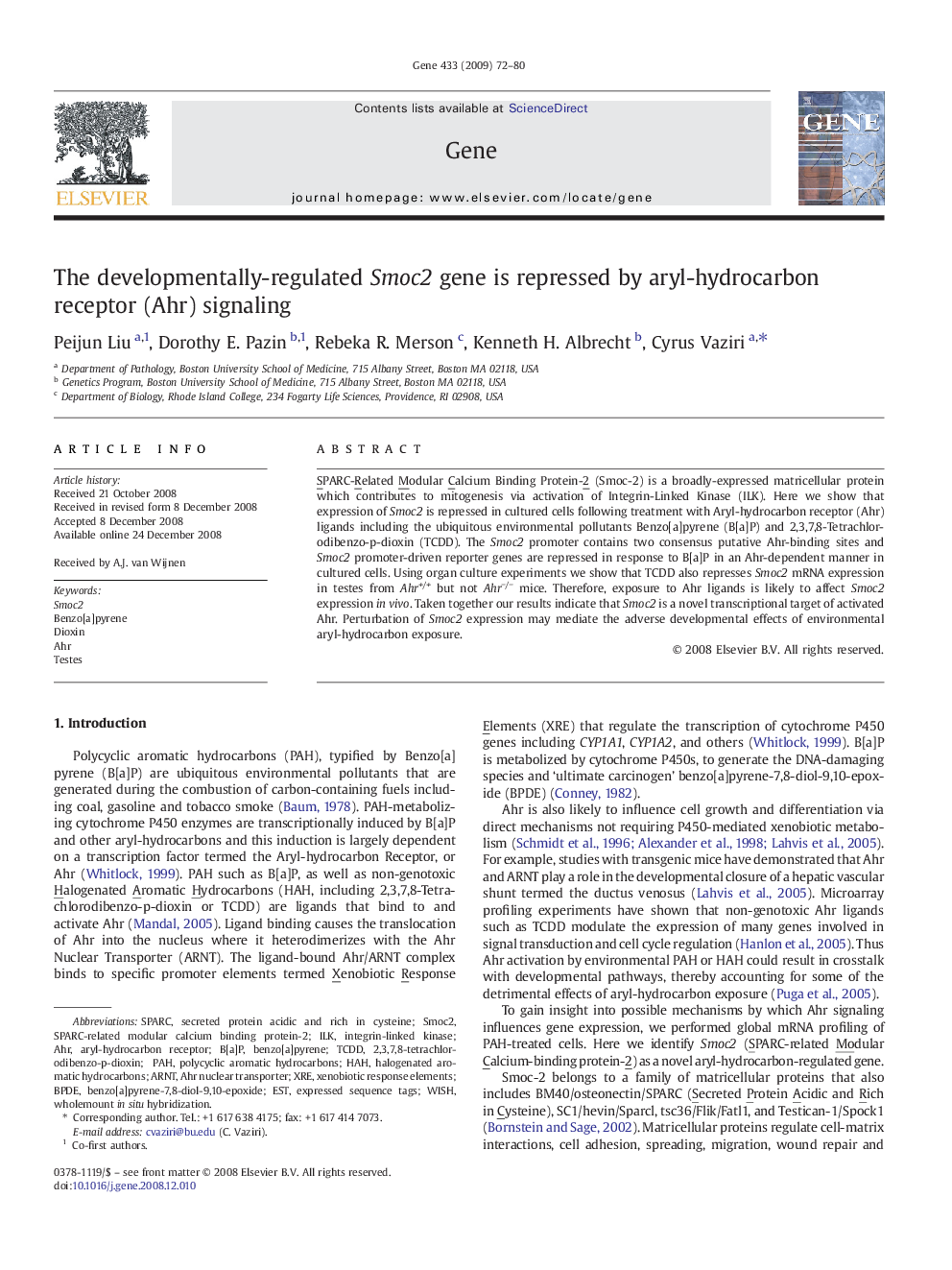 The developmentally-regulated Smoc2 gene is repressed by aryl-hydrocarbon receptor (Ahr) signaling