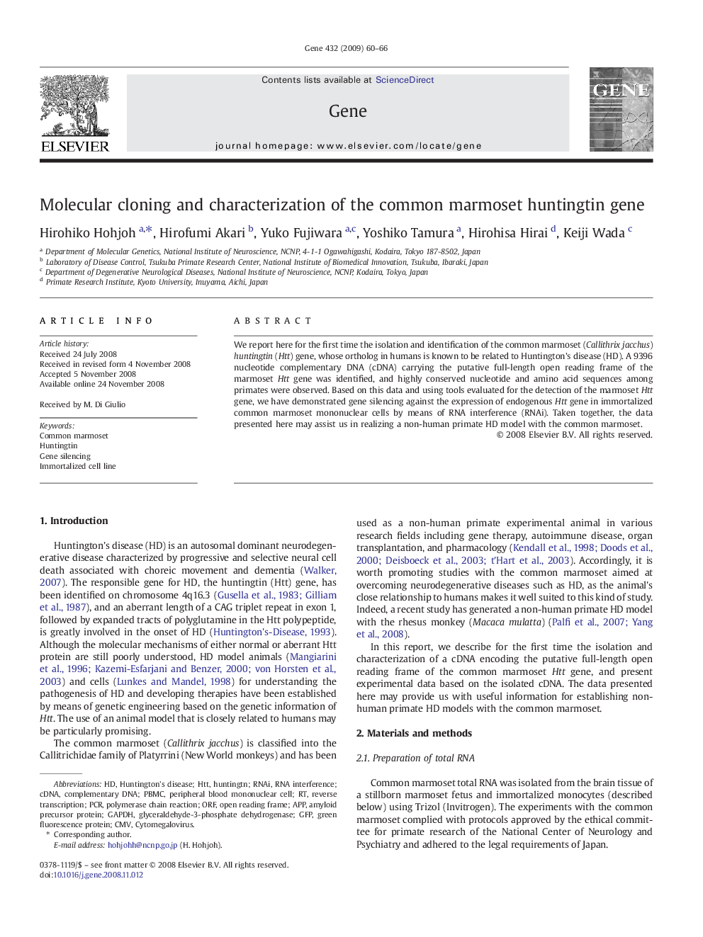 Molecular cloning and characterization of the common marmoset huntingtin gene