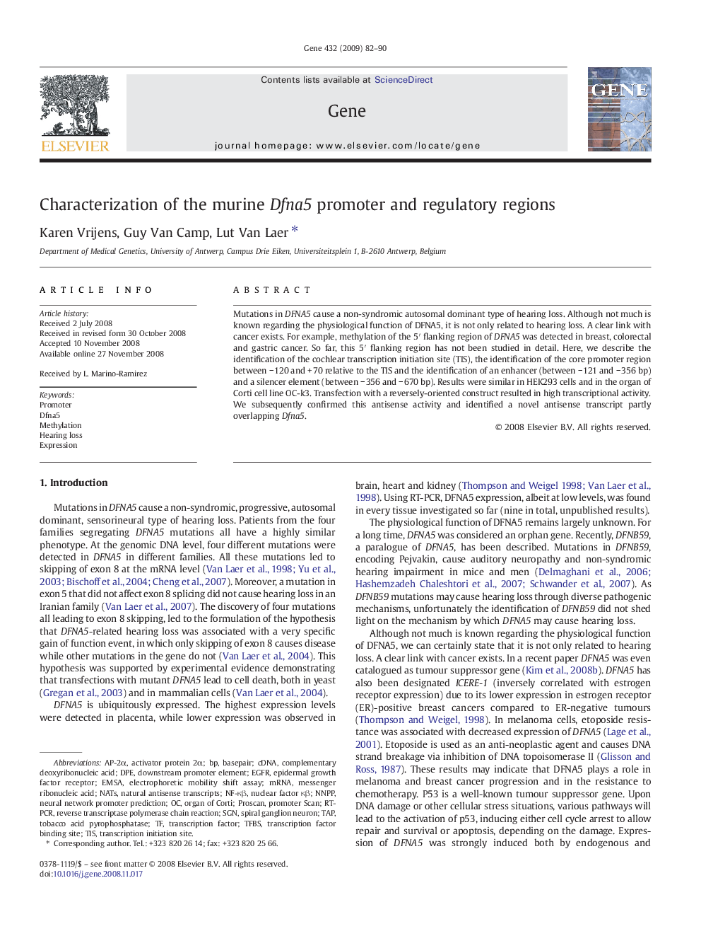 Characterization of the murine Dfna5 promoter and regulatory regions