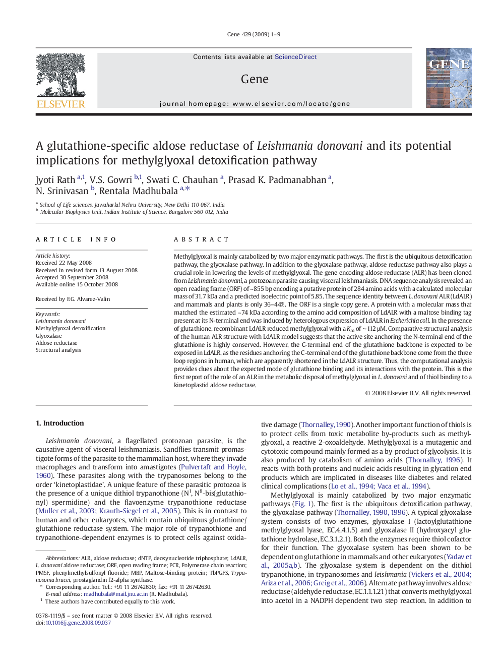 A glutathione-specific aldose reductase of Leishmania donovani and its potential implications for methylglyoxal detoxification pathway