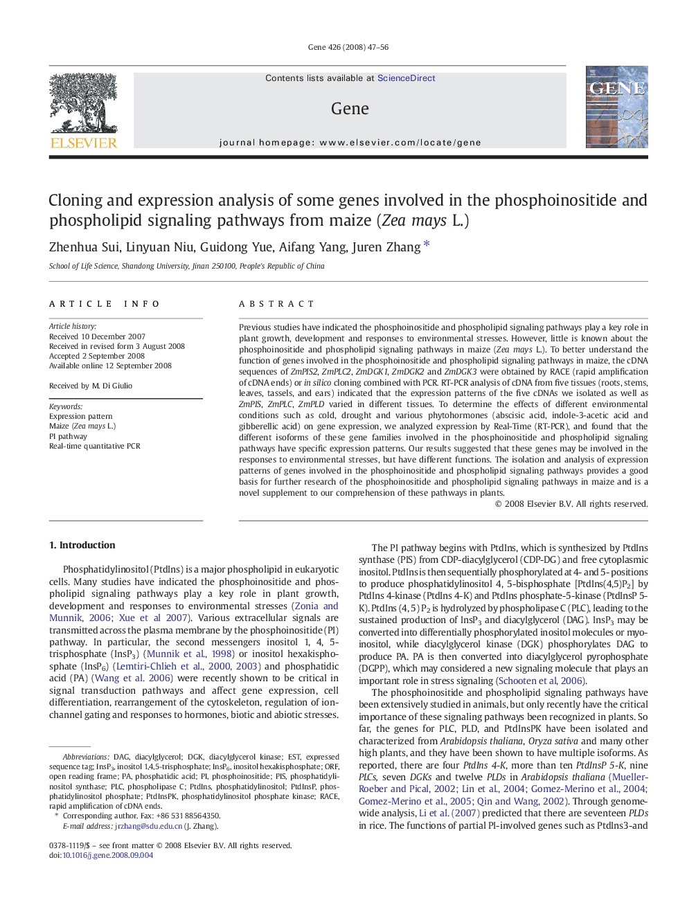 Cloning and expression analysis of some genes involved in the phosphoinositide and phospholipid signaling pathways from maize (Zea mays L.)