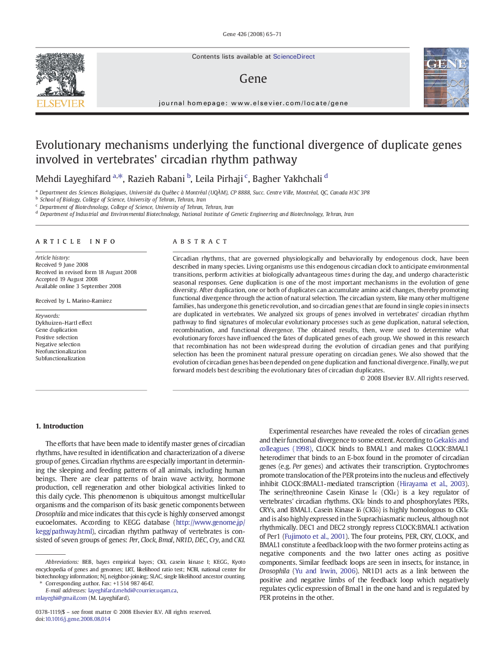 Evolutionary mechanisms underlying the functional divergence of duplicate genes involved in vertebrates' circadian rhythm pathway