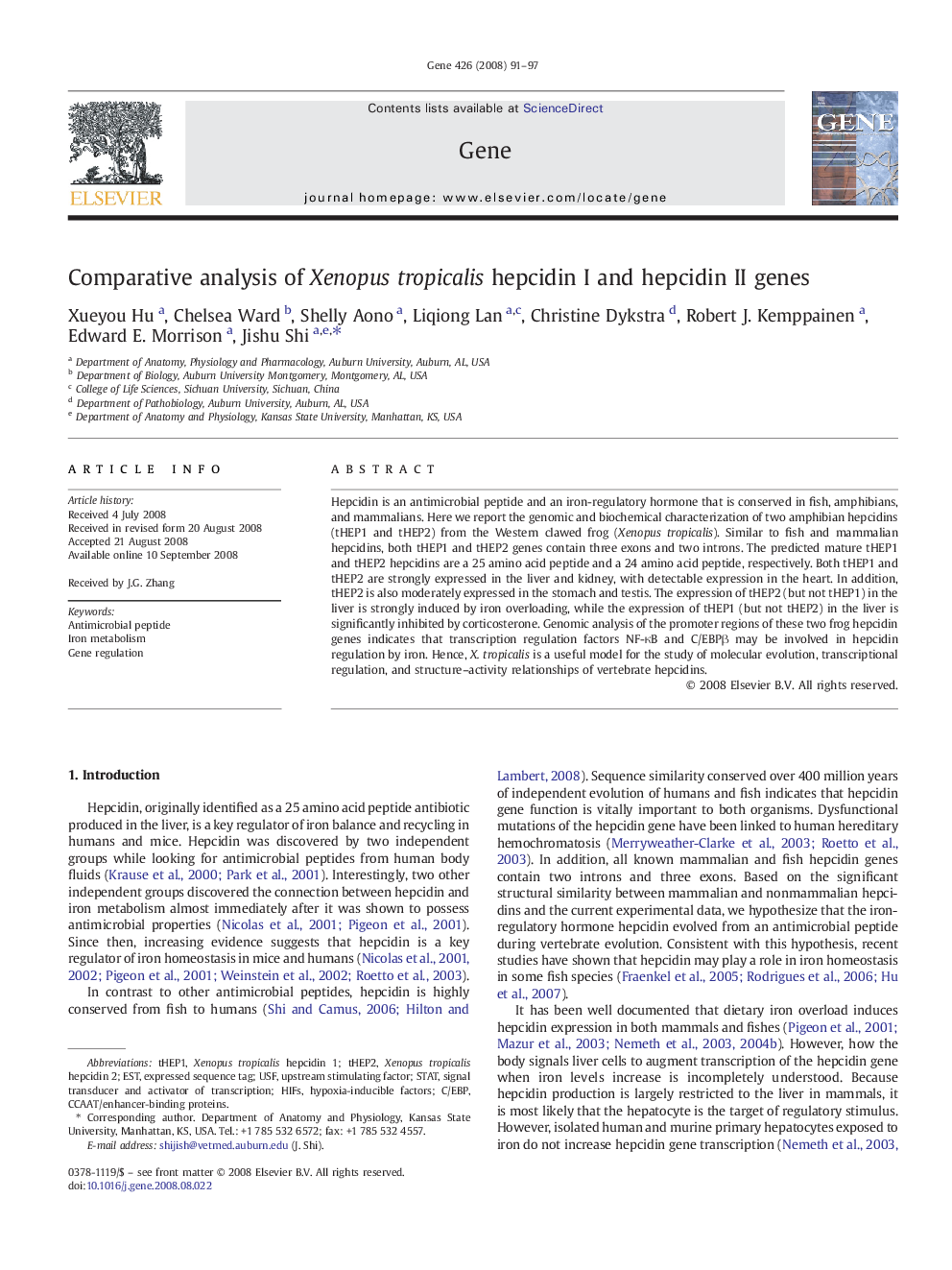 Comparative analysis of Xenopus tropicalis hepcidin I and hepcidin II genes