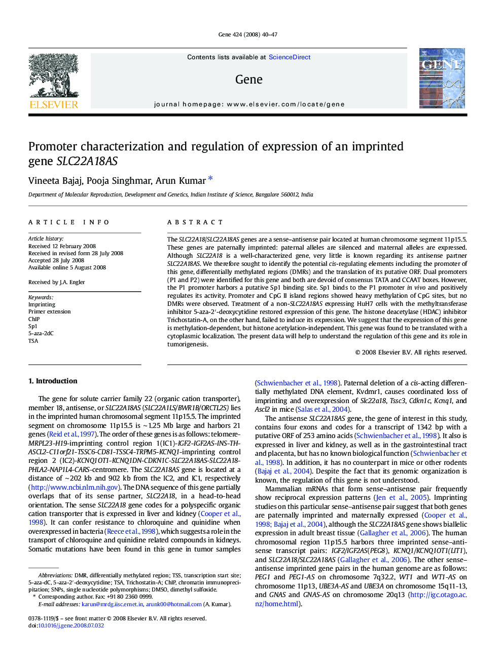 Promoter characterization and regulation of expression of an imprinted gene SLC22A18AS