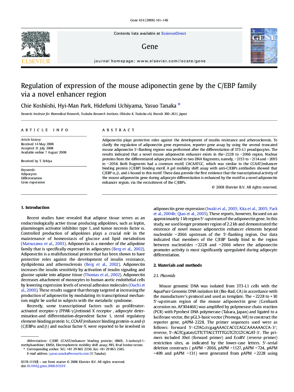 Regulation of expression of the mouse adiponectin gene by the C/EBP family via a novel enhancer region