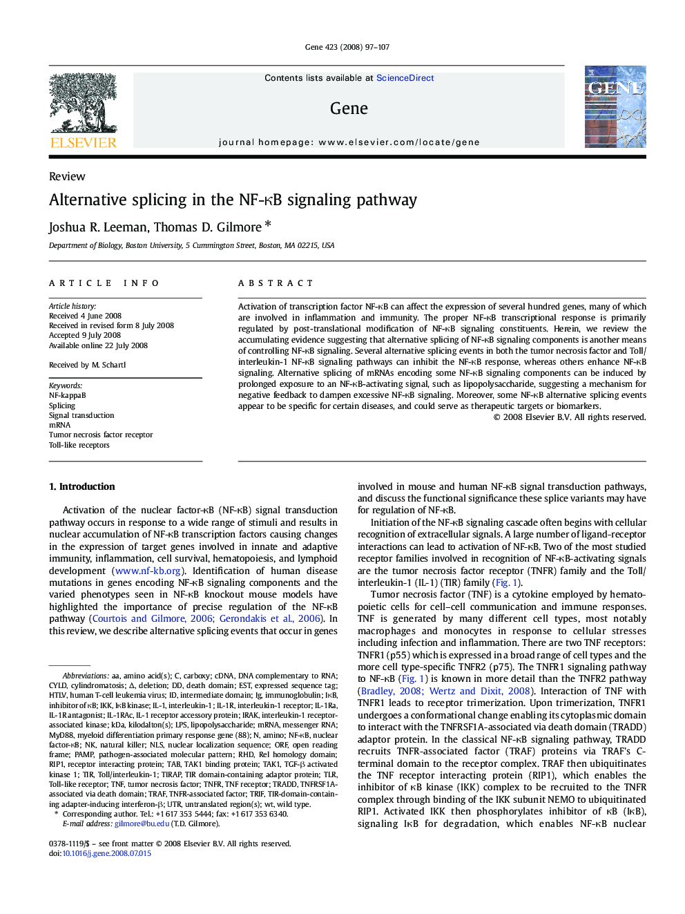 Alternative splicing in the NF-κB signaling pathway