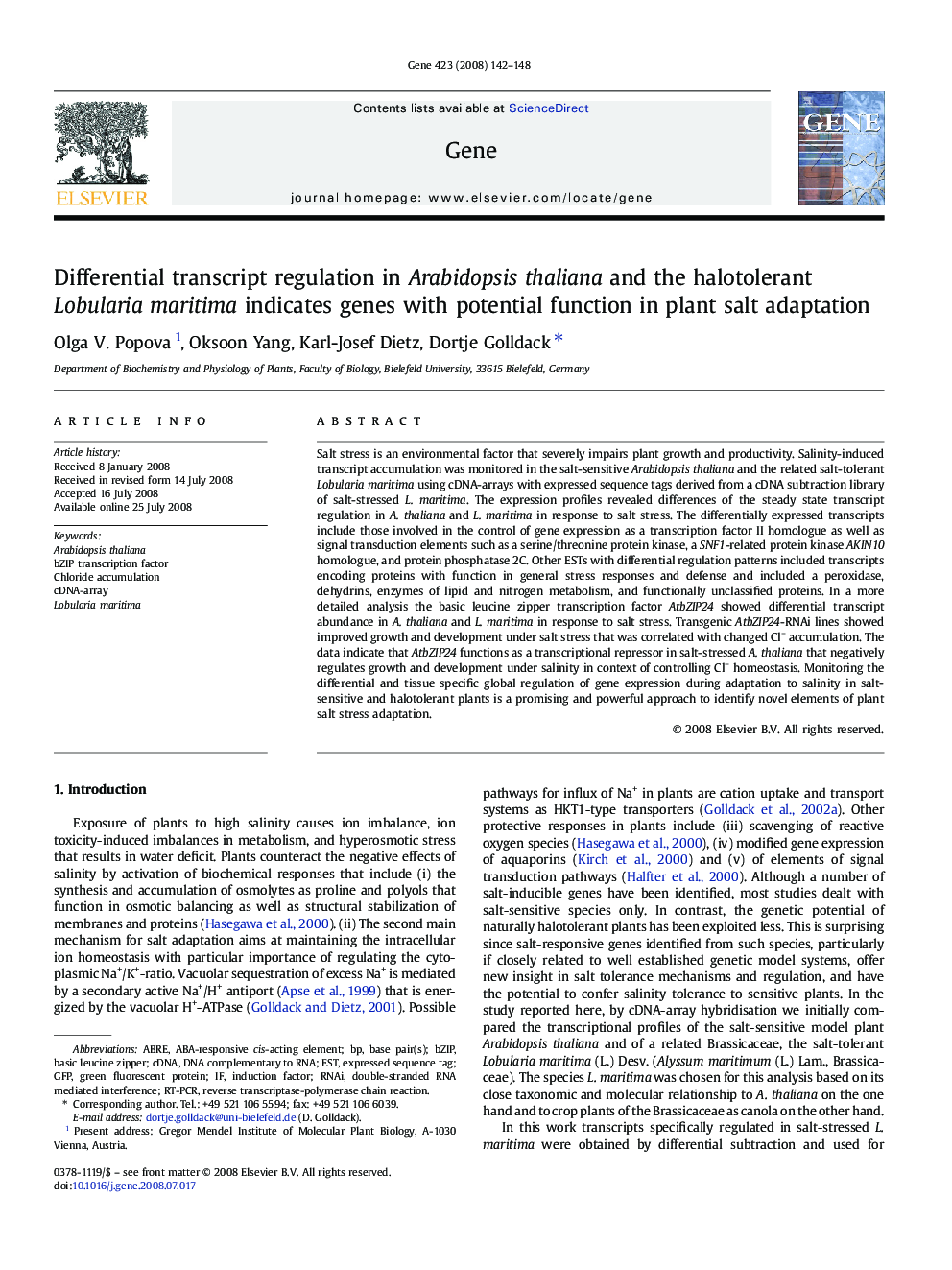 Differential transcript regulation in Arabidopsis thaliana and the halotolerant Lobularia maritima indicates genes with potential function in plant salt adaptation