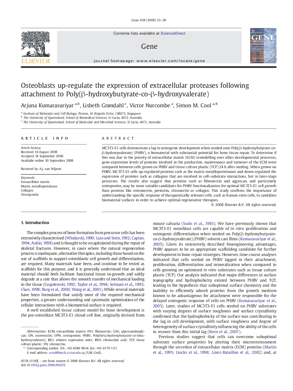 Osteoblasts up-regulate the expression of extracellular proteases following attachment to Poly(β-hydroxybutyrate-co-β-hydroxyvalerate)