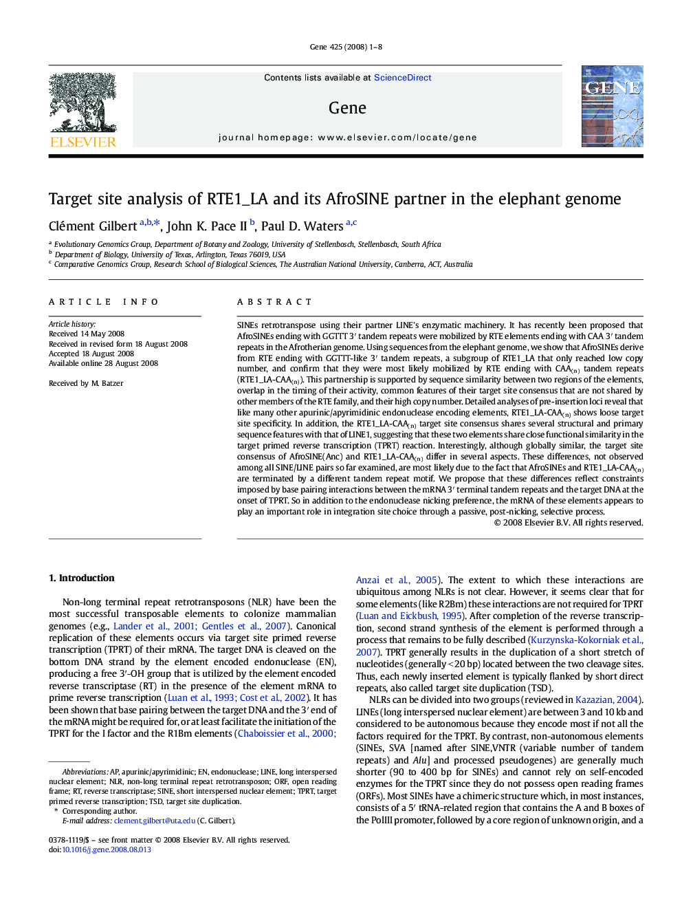 Target site analysis of RTE1_LA and its AfroSINE partner in the elephant genome