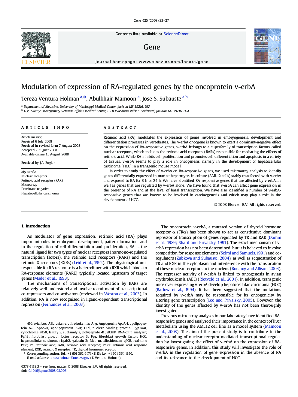 Modulation of expression of RA-regulated genes by the oncoprotein v-erbA