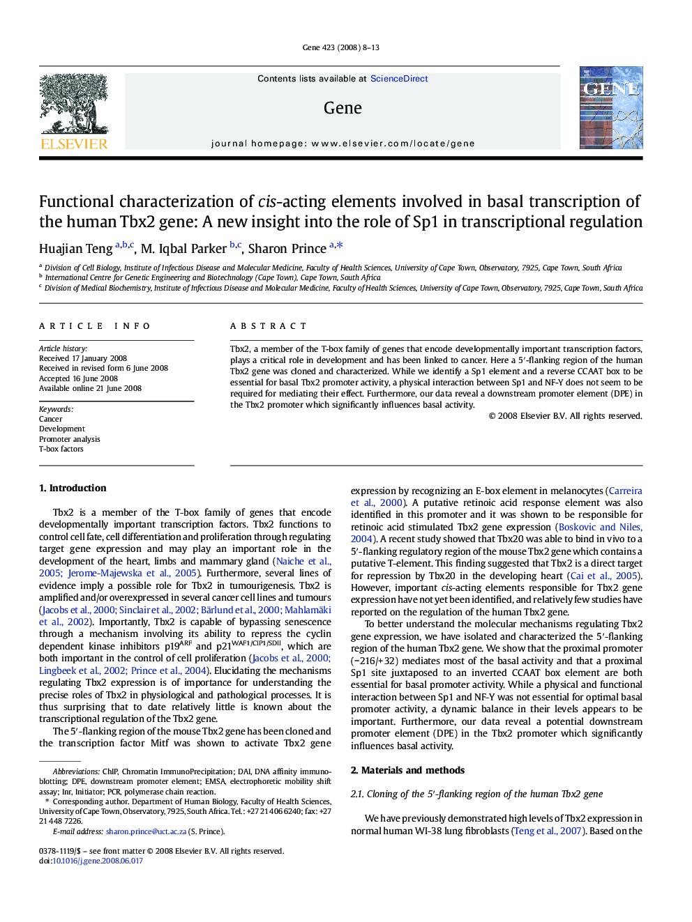 Functional characterization of cis-acting elements involved in basal transcription of the human Tbx2 gene: A new insight into the role of Sp1 in transcriptional regulation