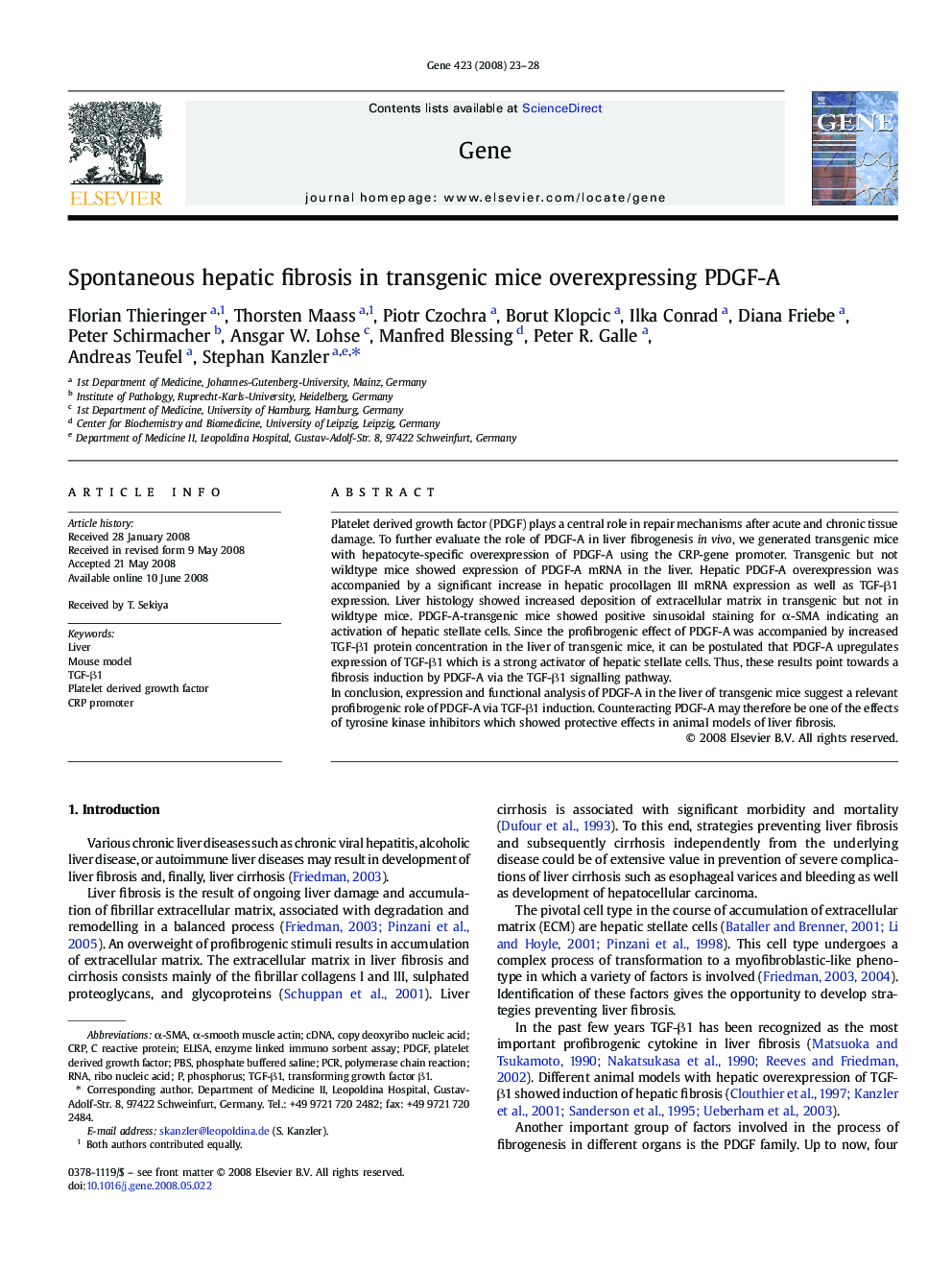 Spontaneous hepatic fibrosis in transgenic mice overexpressing PDGF-A