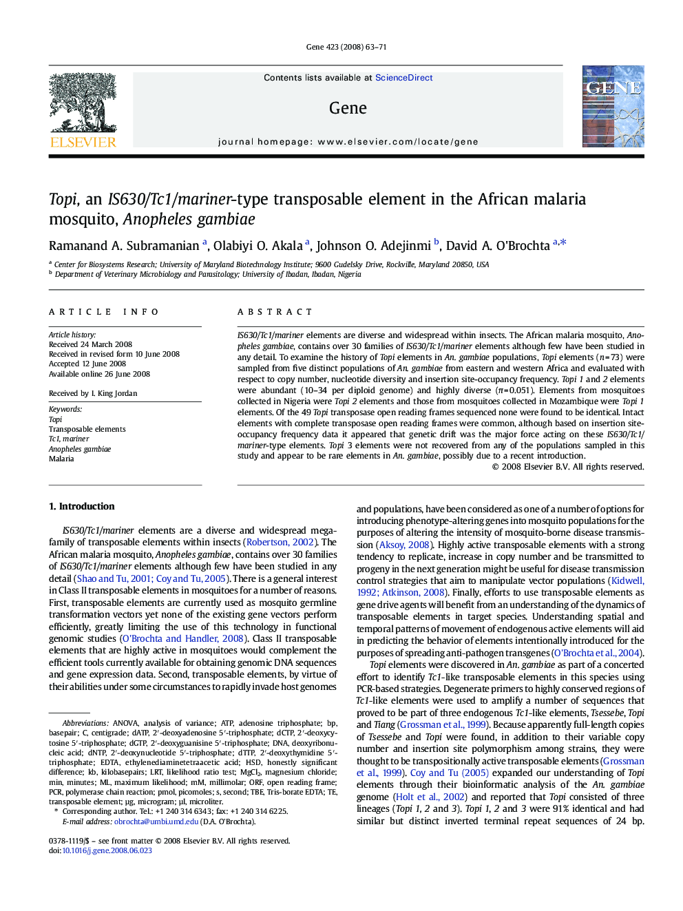 Topi, an IS630/Tc1/mariner-type transposable element in the African malaria mosquito, Anopheles gambiae