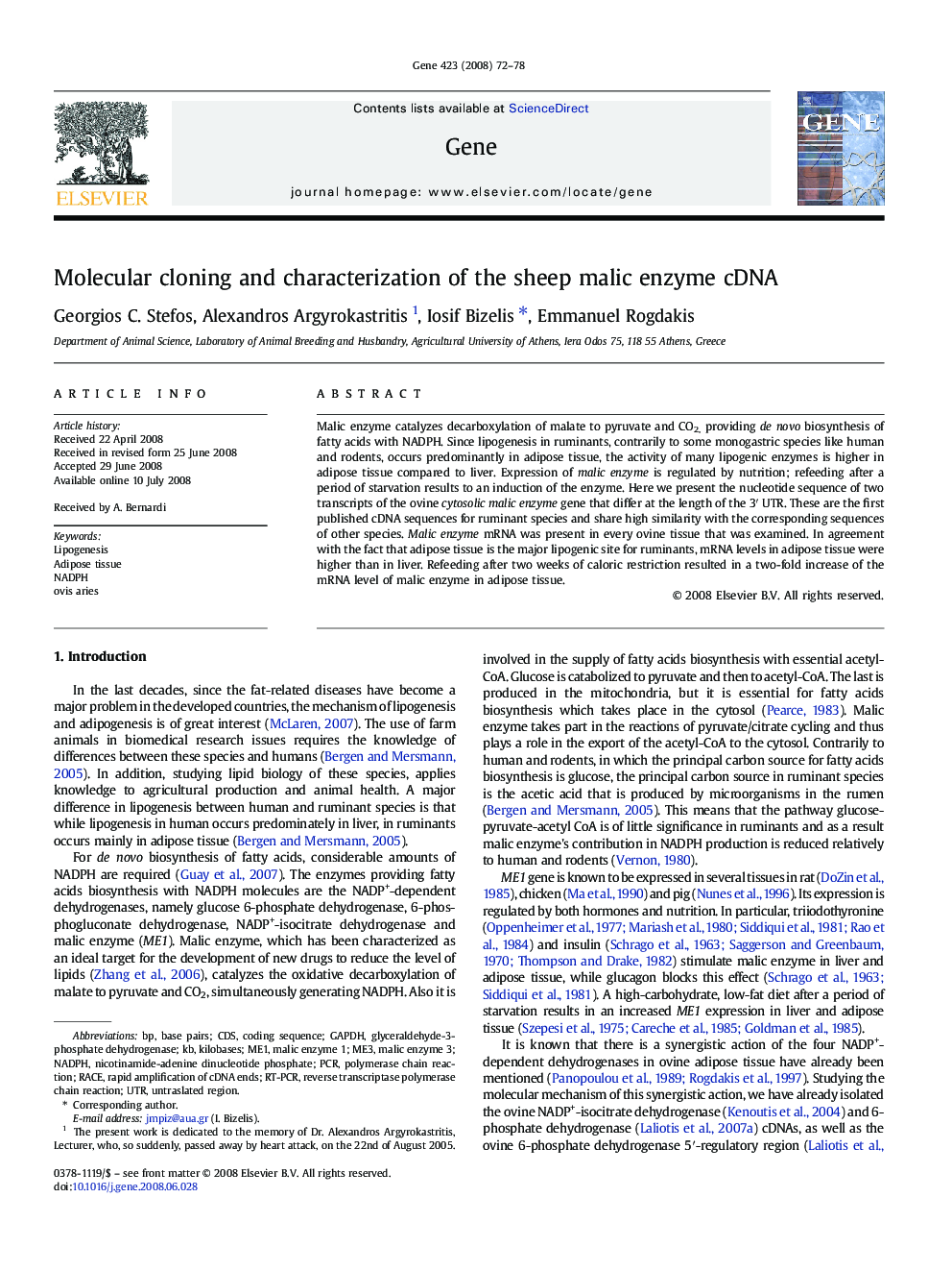 Molecular cloning and characterization of the sheep malic enzyme cDNA