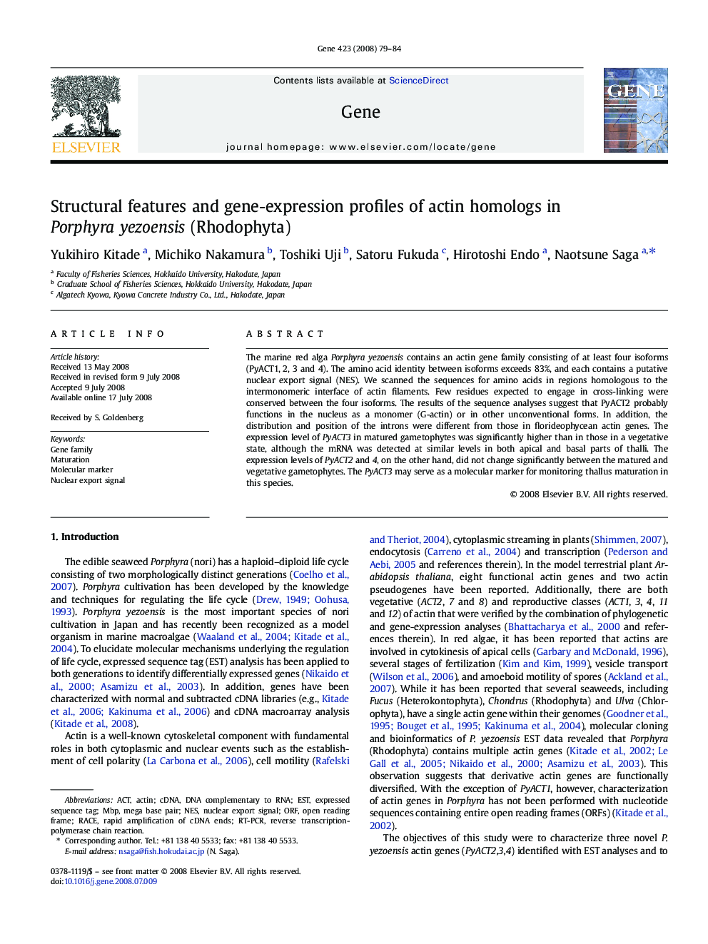 Structural features and gene-expression profiles of actin homologs in Porphyra yezoensis (Rhodophyta)