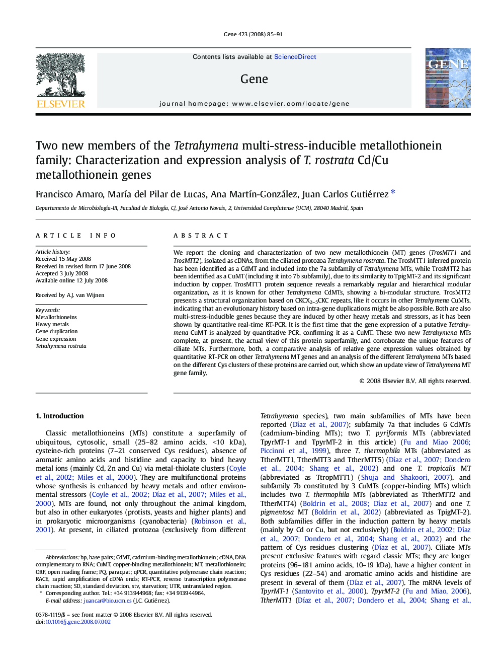 Two new members of the Tetrahymena multi-stress-inducible metallothionein family: Characterization and expression analysis of T. rostrata Cd/Cu metallothionein genes