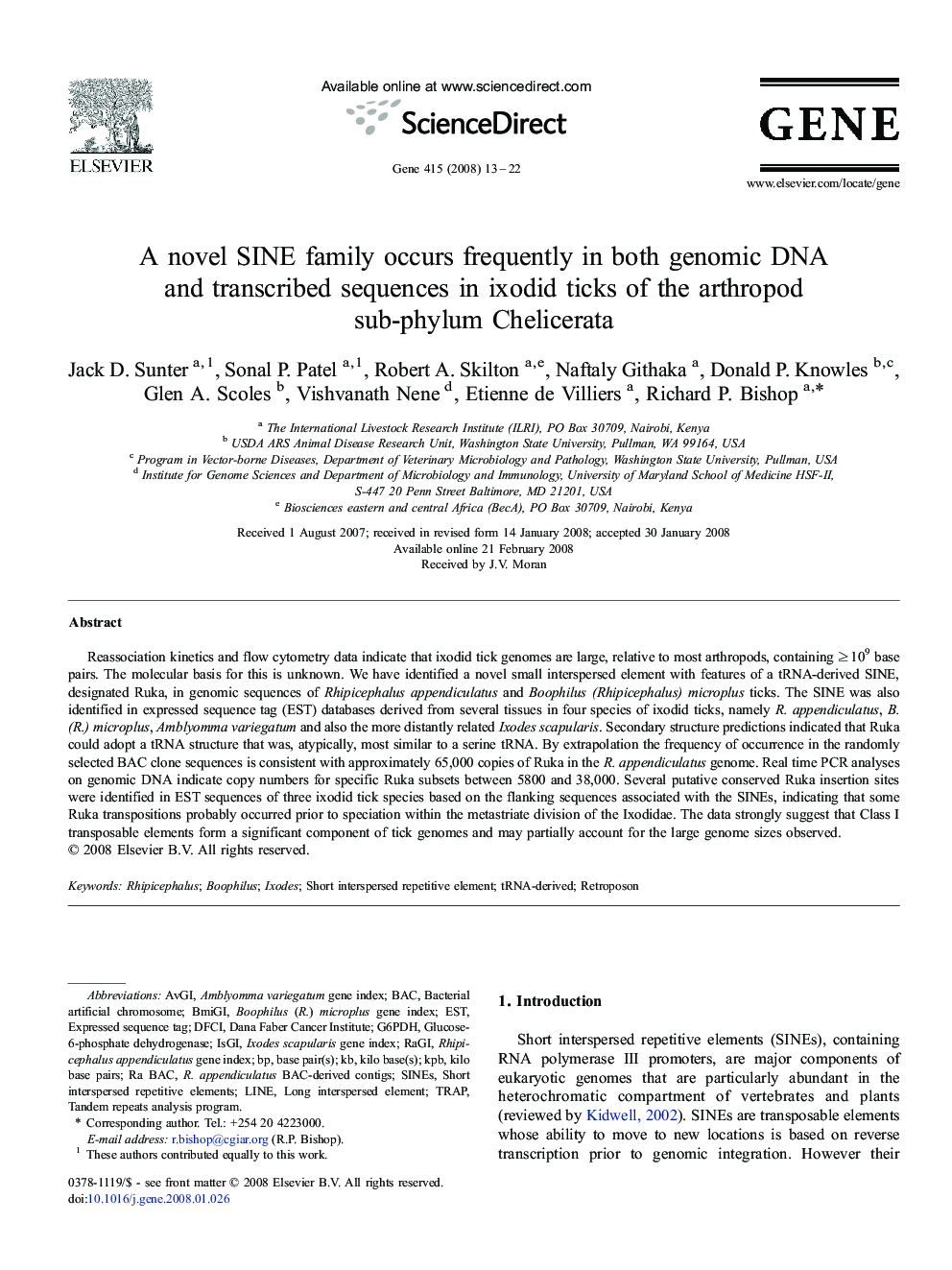 A novel SINE family occurs frequently in both genomic DNA and transcribed sequences in ixodid ticks of the arthropod sub-phylum Chelicerata