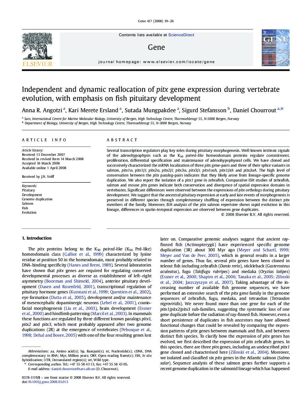 Independent and dynamic reallocation of pitx gene expression during vertebrate evolution, with emphasis on fish pituitary development