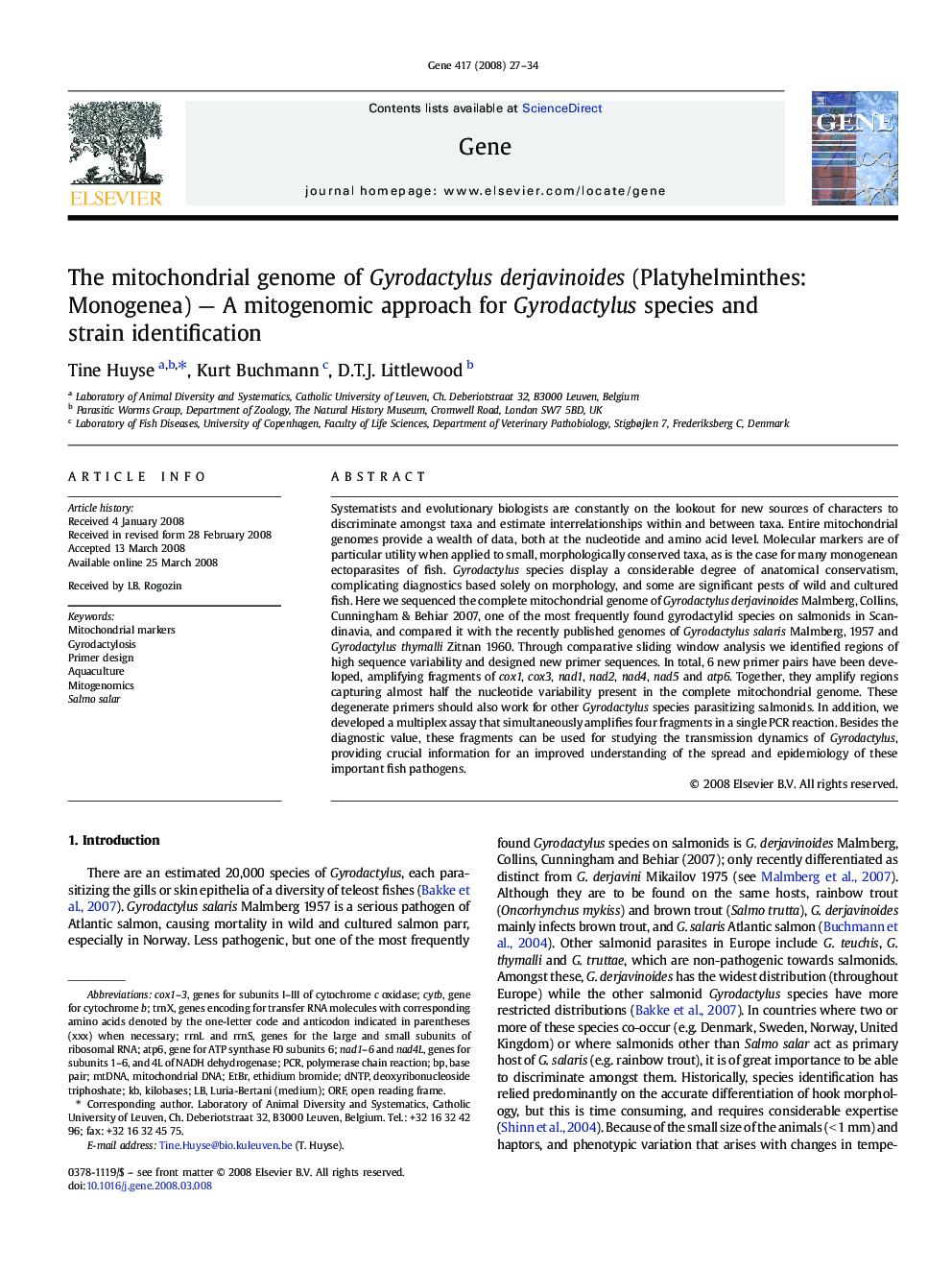 The mitochondrial genome of Gyrodactylus derjavinoides (Platyhelminthes: Monogenea) — A mitogenomic approach for Gyrodactylus species and strain identification