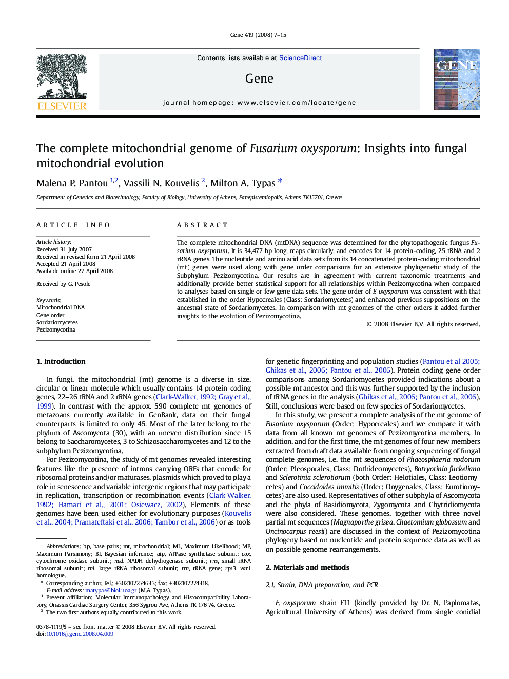 The complete mitochondrial genome of Fusarium oxysporum: Insights into fungal mitochondrial evolution