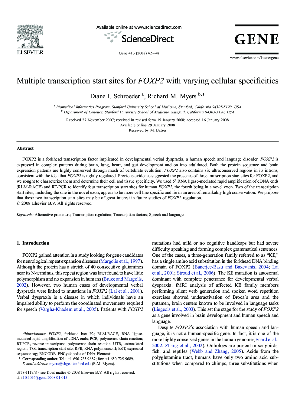 Multiple transcription start sites for FOXP2 with varying cellular specificities