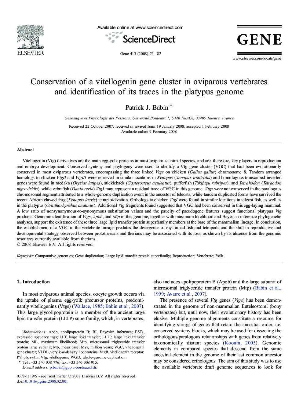 Conservation of a vitellogenin gene cluster in oviparous vertebrates and identification of its traces in the platypus genome