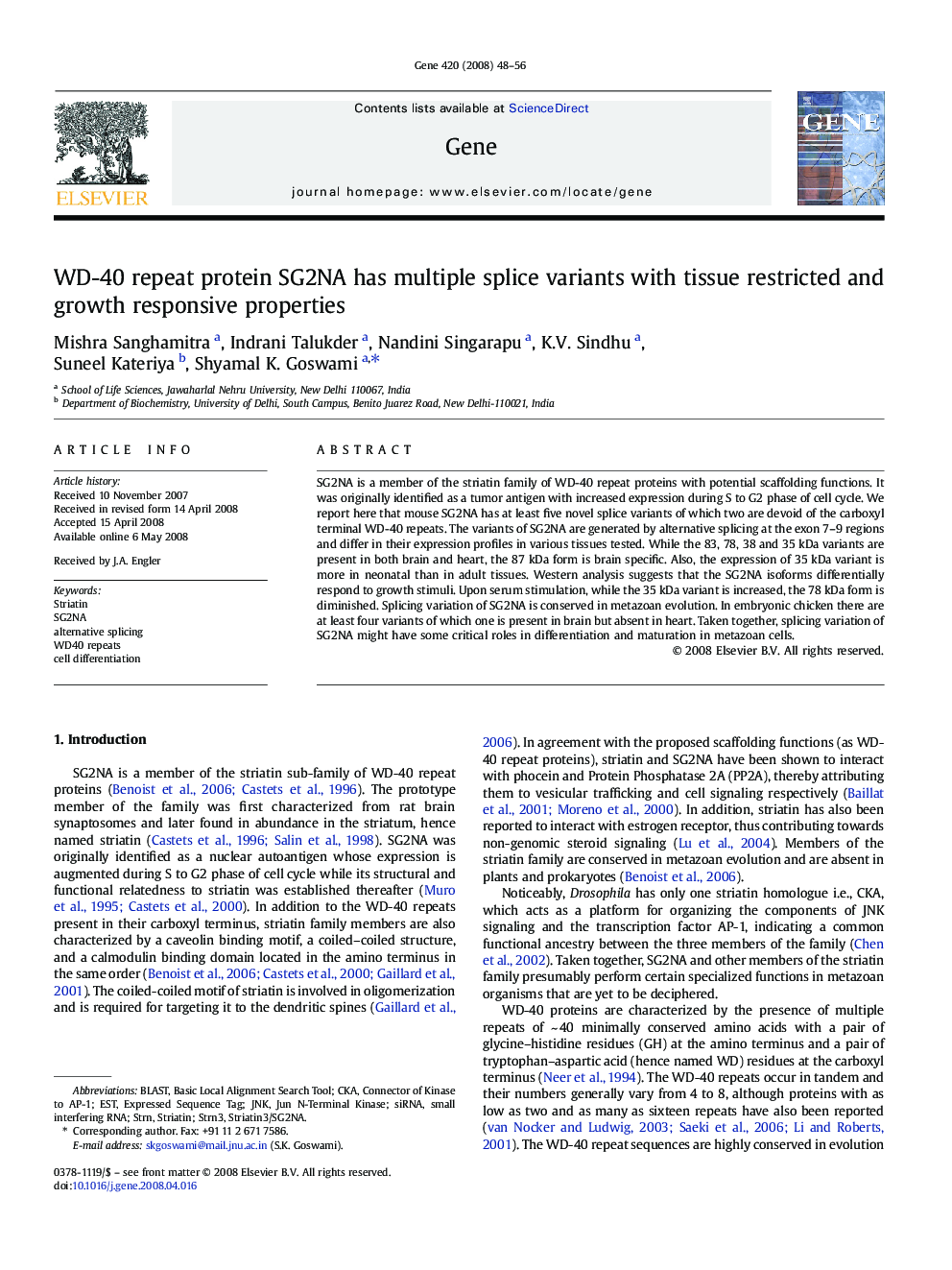 WD-40 repeat protein SG2NA has multiple splice variants with tissue restricted and growth responsive properties