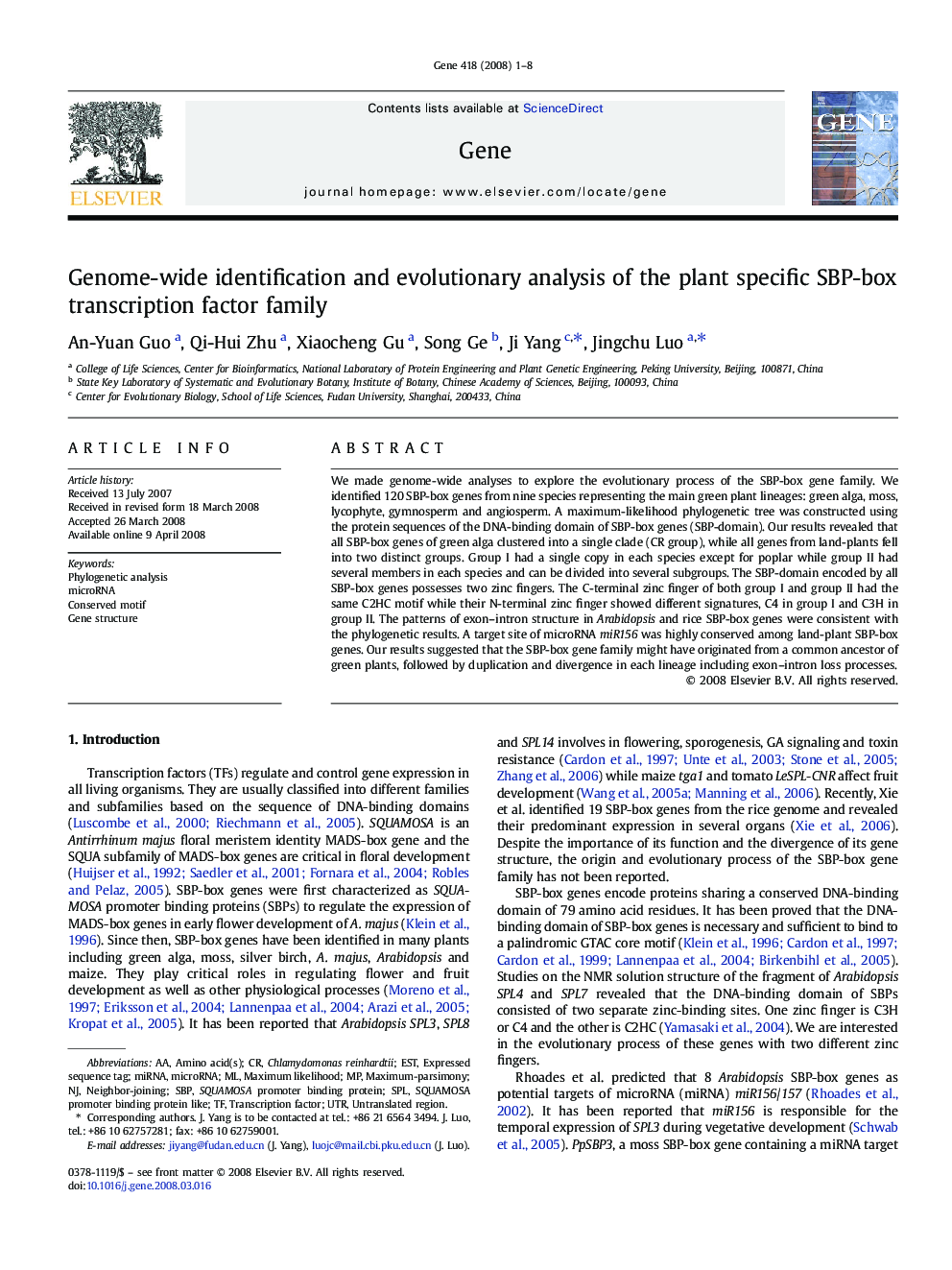 Genome-wide identification and evolutionary analysis of the plant specific SBP-box transcription factor family