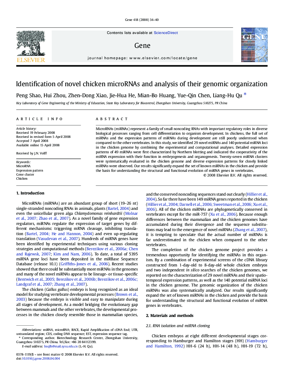 Identification of novel chicken microRNAs and analysis of their genomic organization