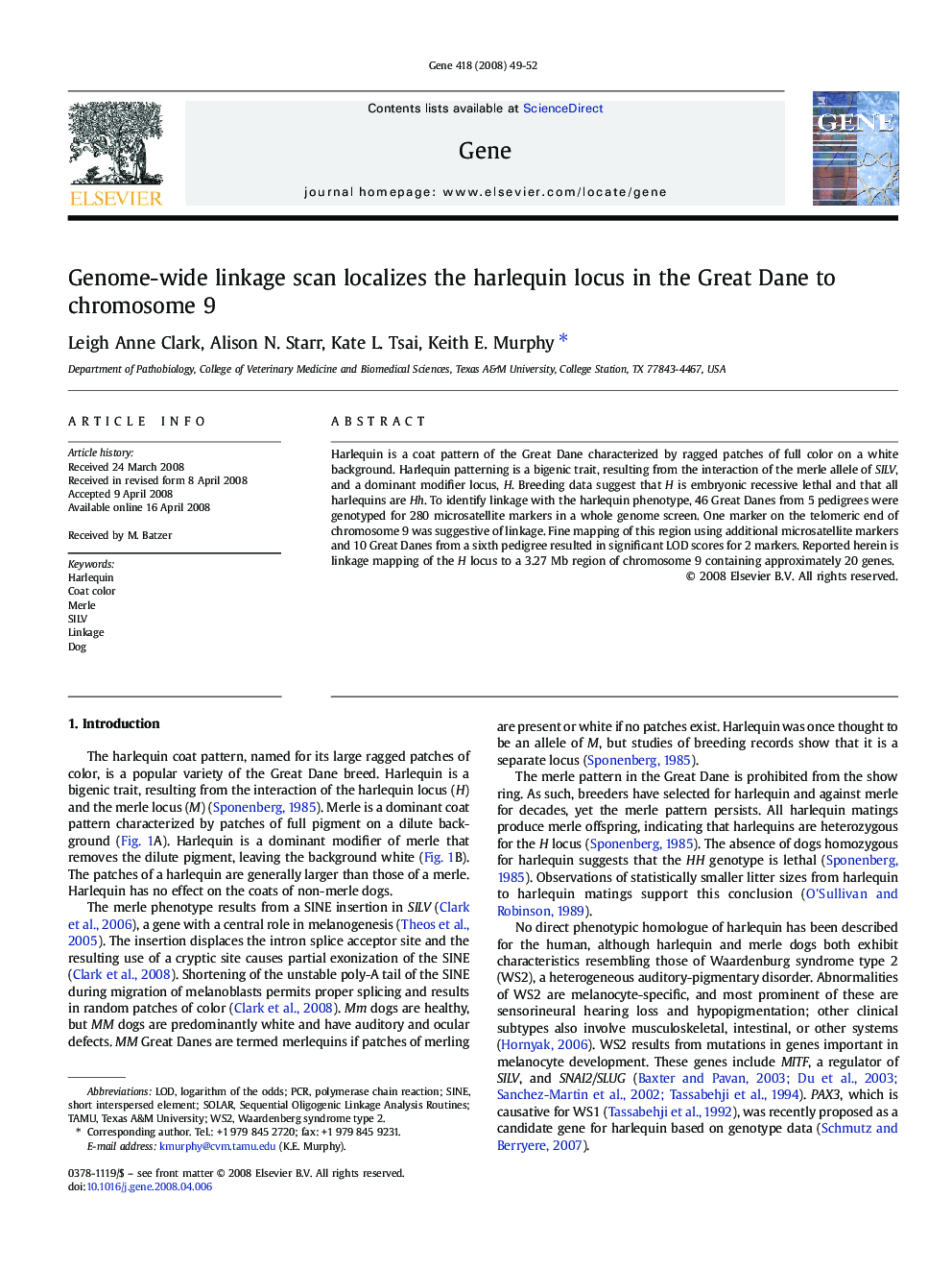 Genome-wide linkage scan localizes the harlequin locus in the Great Dane to chromosome 9