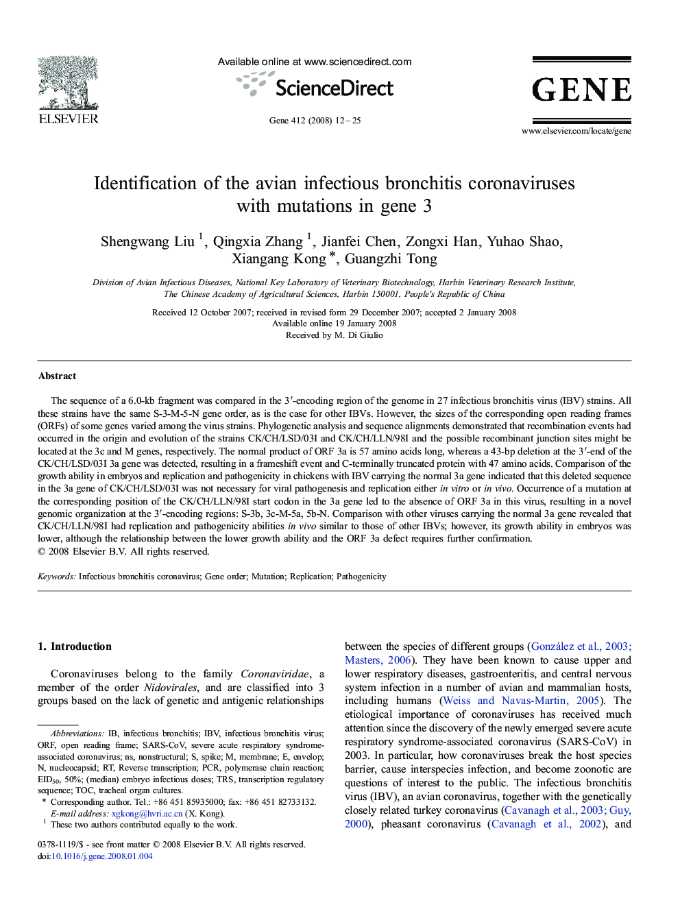 Identification of the avian infectious bronchitis coronaviruses with mutations in gene 3