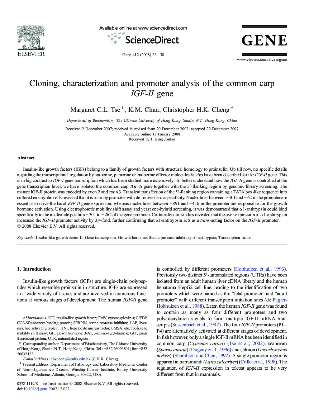 Cloning, characterization and promoter analysis of the common carp IGF-II gene