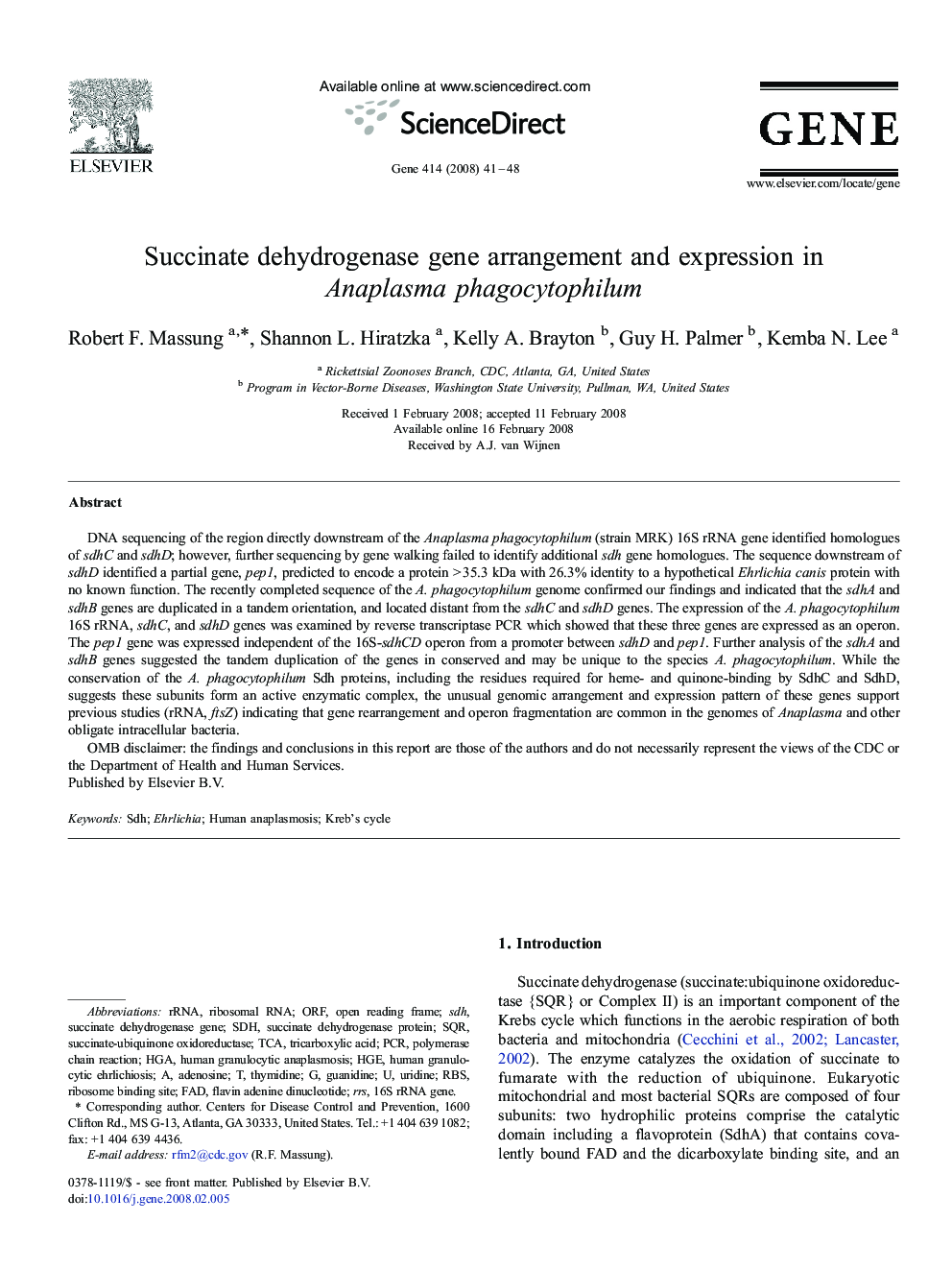 Succinate dehydrogenase gene arrangement and expression in Anaplasma phagocytophilum