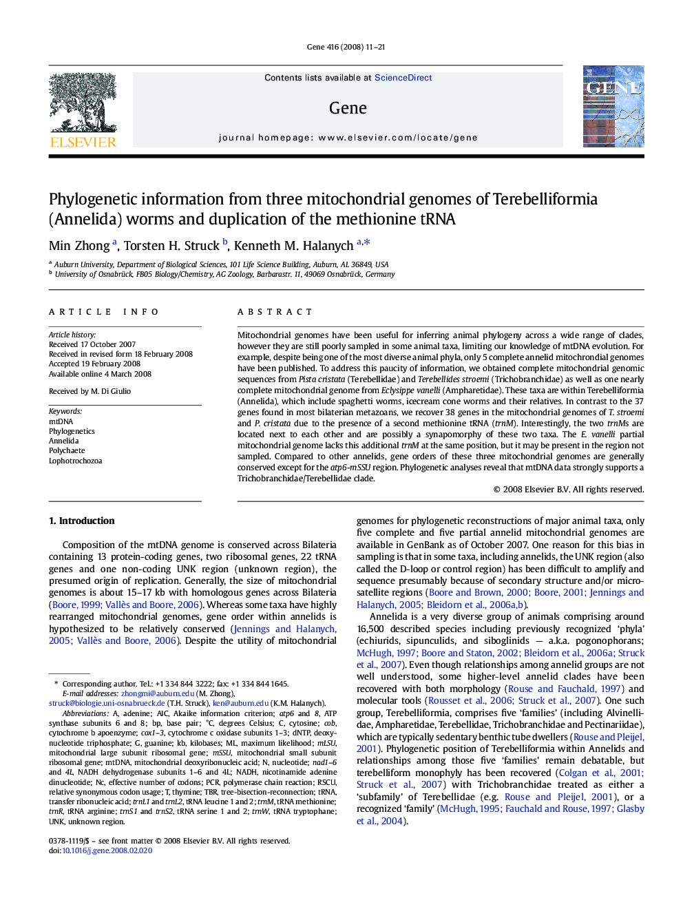 Phylogenetic information from three mitochondrial genomes of Terebelliformia (Annelida) worms and duplication of the methionine tRNA