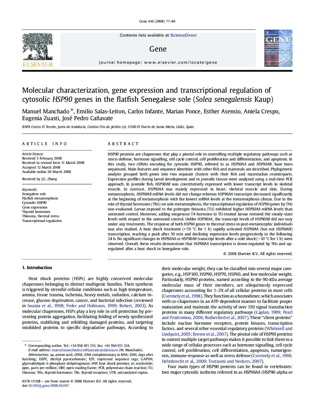 Molecular characterization, gene expression and transcriptional regulation of cytosolic HSP90 genes in the flatfish Senegalese sole (Solea senegalensis Kaup)