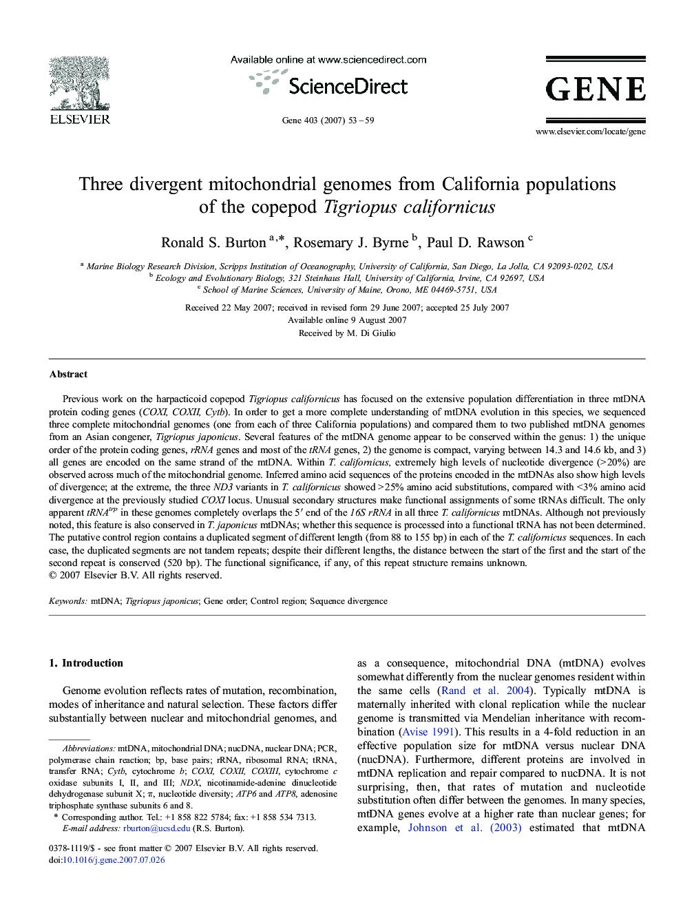 Three divergent mitochondrial genomes from California populations of the copepod Tigriopus californicus