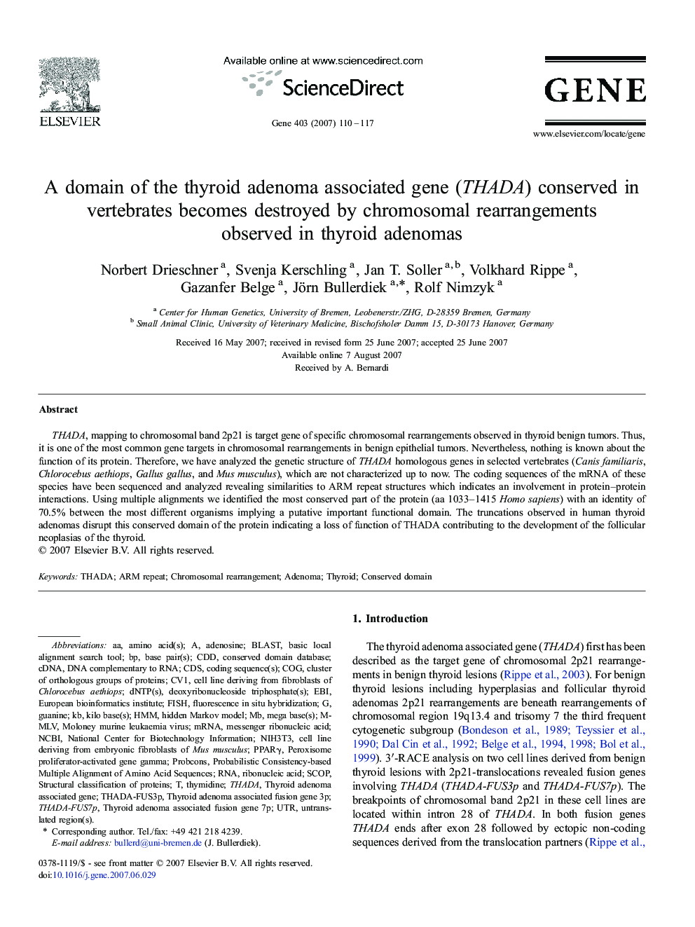 A domain of the thyroid adenoma associated gene (THADA) conserved in vertebrates becomes destroyed by chromosomal rearrangements observed in thyroid adenomas