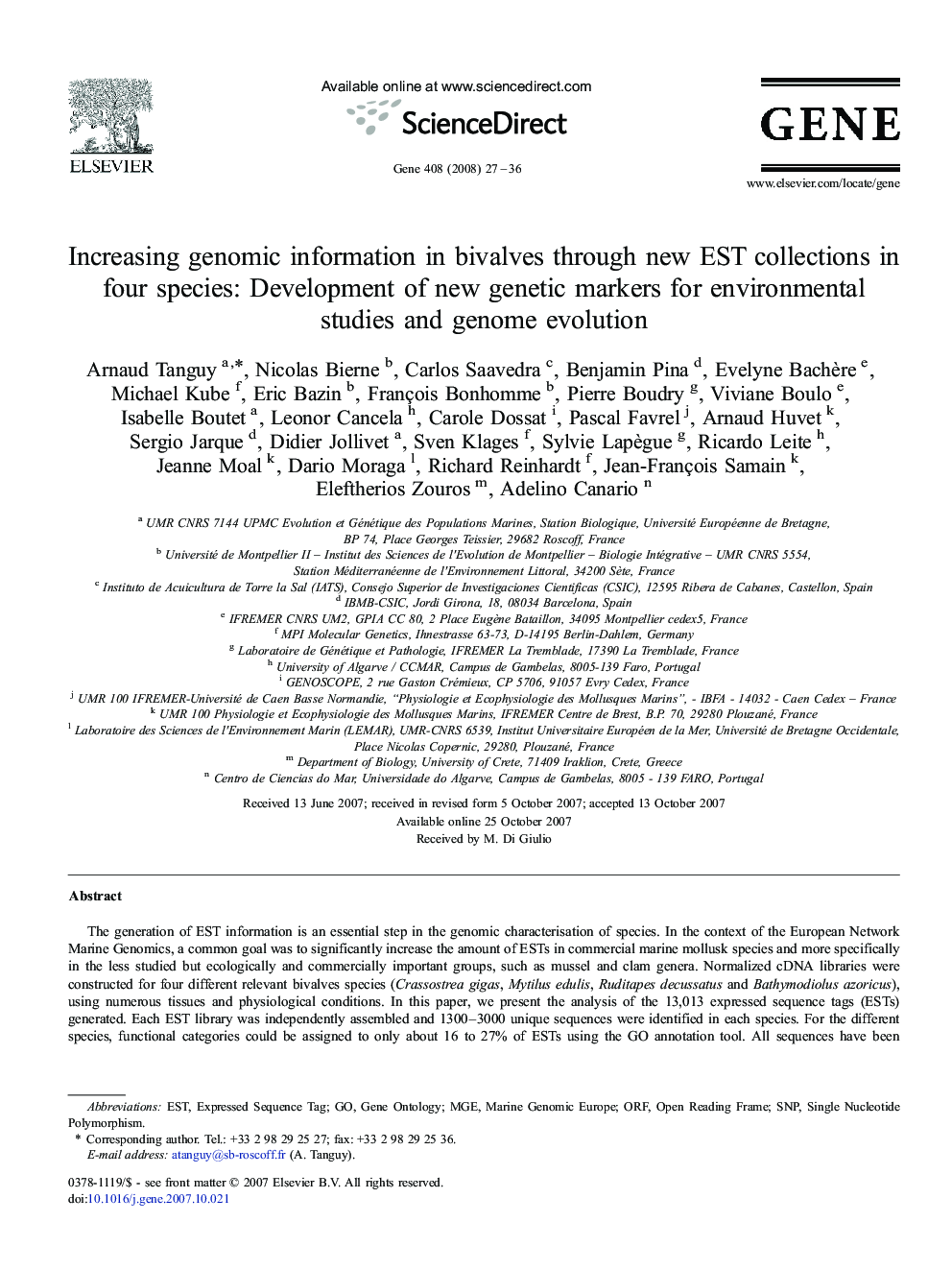 Increasing genomic information in bivalves through new EST collections in four species: Development of new genetic markers for environmental studies and genome evolution