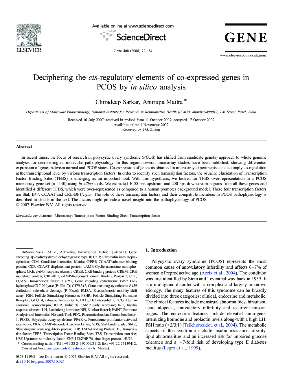 Deciphering the cis-regulatory elements of co-expressed genes in PCOS by in silico analysis