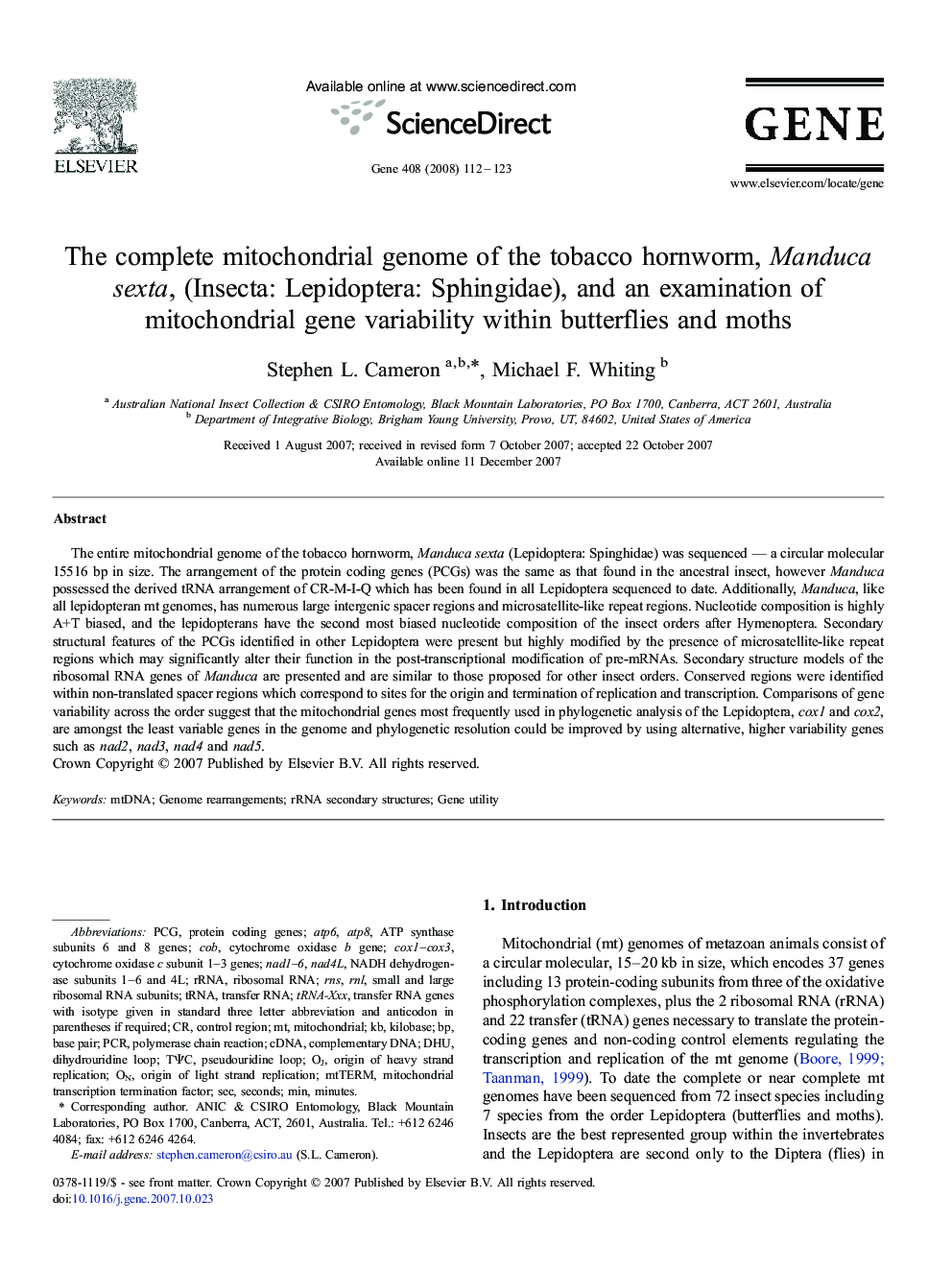 The complete mitochondrial genome of the tobacco hornworm, Manduca sexta, (Insecta: Lepidoptera: Sphingidae), and an examination of mitochondrial gene variability within butterflies and moths