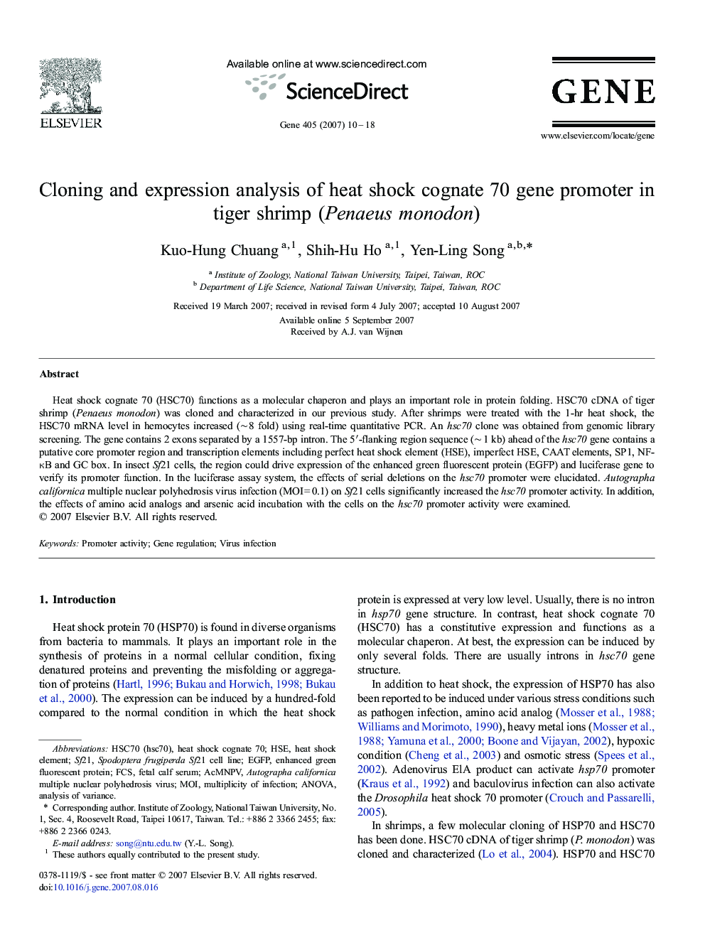 Cloning and expression analysis of heat shock cognate 70 gene promoter in tiger shrimp (Penaeus monodon)