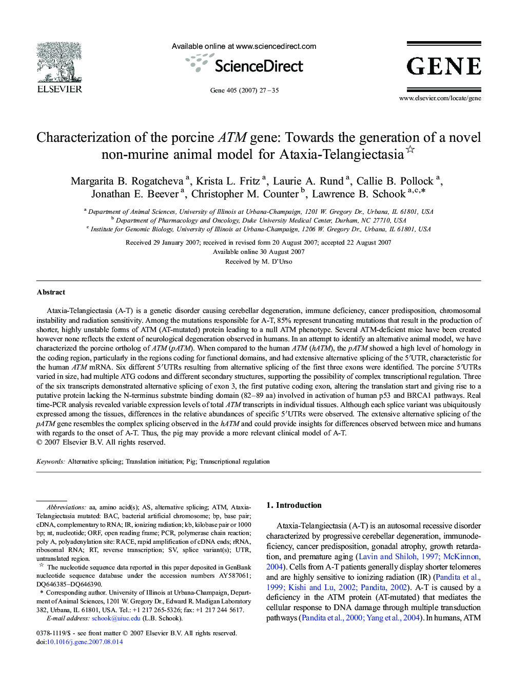 Characterization of the porcine ATM gene: Towards the generation of a novel non-murine animal model for Ataxia-Telangiectasia 