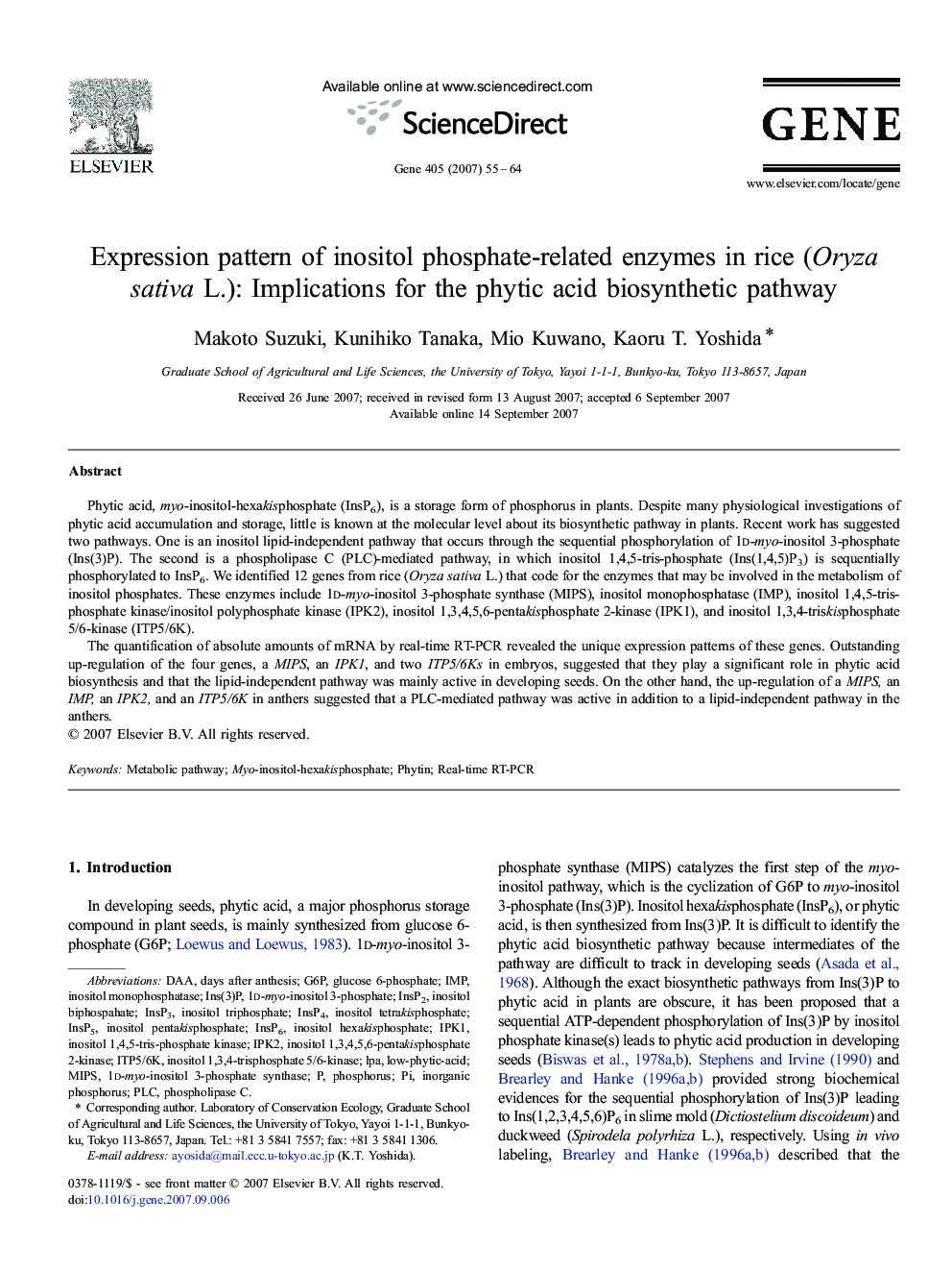 Expression pattern of inositol phosphate-related enzymes in rice (Oryza sativa L.): Implications for the phytic acid biosynthetic pathway